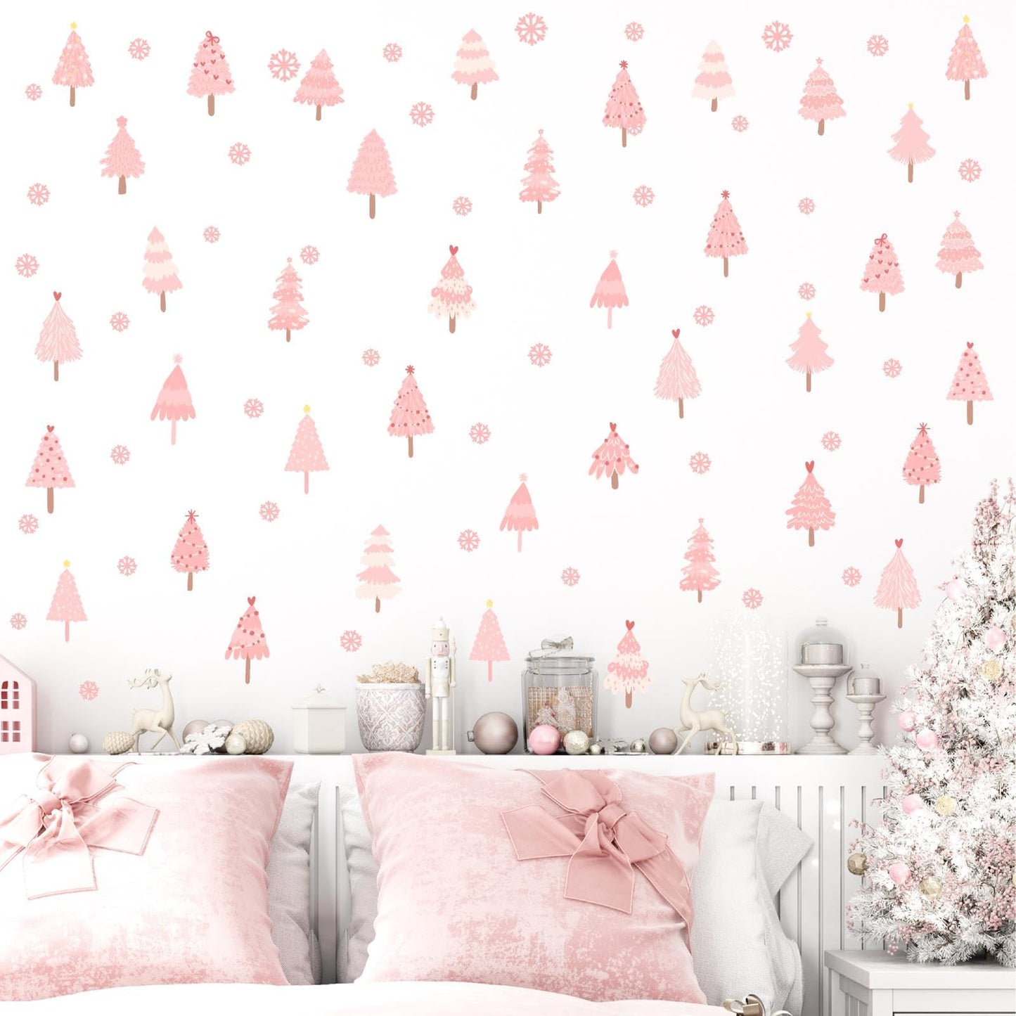 Pink Christmas Tree Wall Decals Merry Christmas Wall Stickers Peel and Stick Xmas Snowflake Sticker for Crafts Decoration Home Indoor Pink Pine Tree Decal for Kids Bedroom Winter Holiday Party Decor