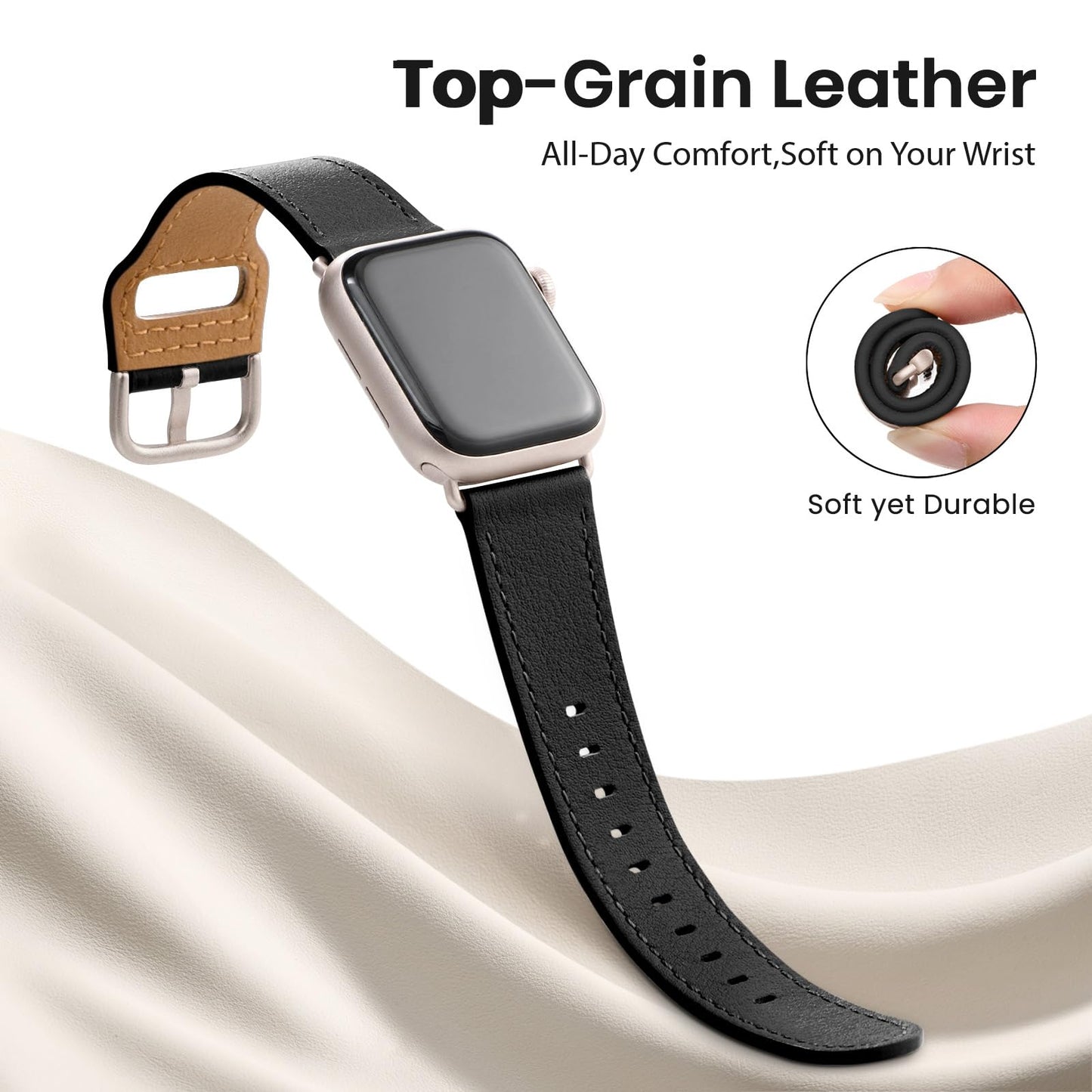 POWER PRIMACY Leather Bands Compatible with Apple Watch Band 38mm 40mm 41mm 42mm-Series 11/10,Genuine Leather Strap Compatible for Women Men iWatch SE Series 11 10 9 8 7 6 5 4 3 2 1(Black/Starlight)