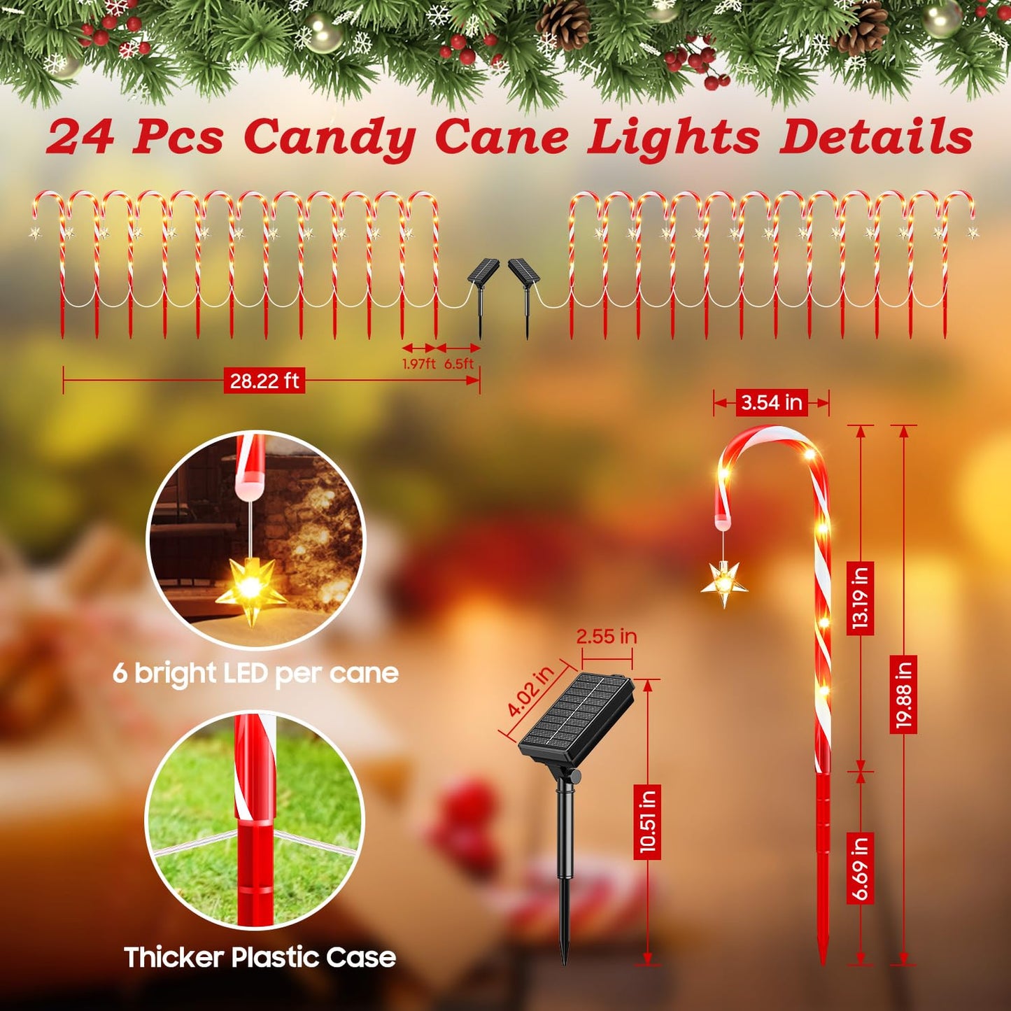 24 Pack Upgraded Solar Candy Cane Lights Outdoor, Christmas Decorations Outdoor Solar Christmas Pathway Lights Waterproof with USB Charging 10 Modes for Yard Garden Lawn Path Walkway Party Xmas Decor
