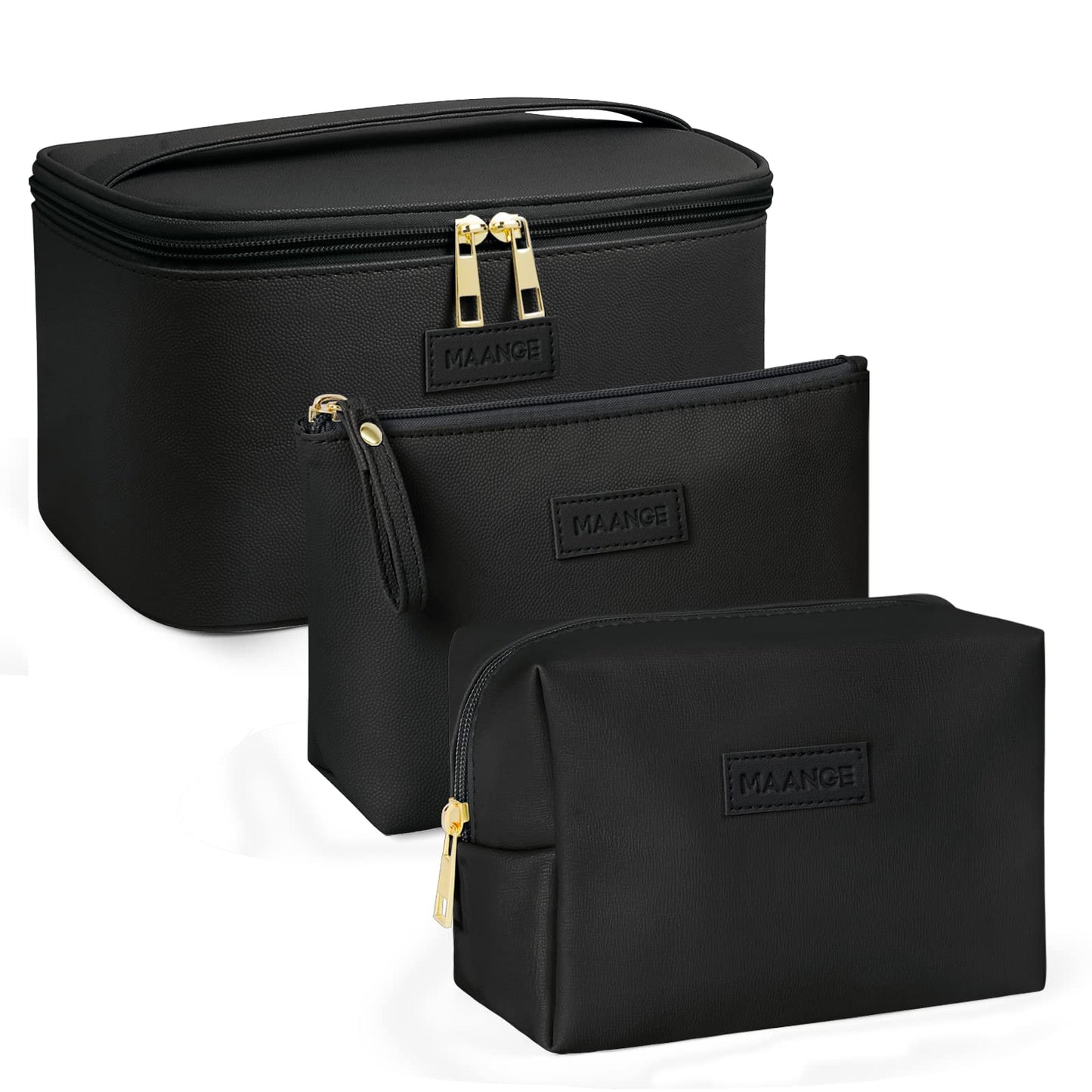 MAANGE Makeup Bag - Large Cosmetic Bag with 2pcs Small Makeup Bags Portable Leather Travel Makeup Bag Set Toiletry Bag Make Up Bags for Women and Girls (Black)