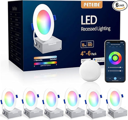 Peteme LED Smart Recessed Lighting 4 Inch Recessed Light IC Rated ETL Certified, Peteme Canless Ceiling Light RGBCW Color Changing Outdoor Soffit Downlight with J-Box for Alexa, 10W 800LM 6Pcs