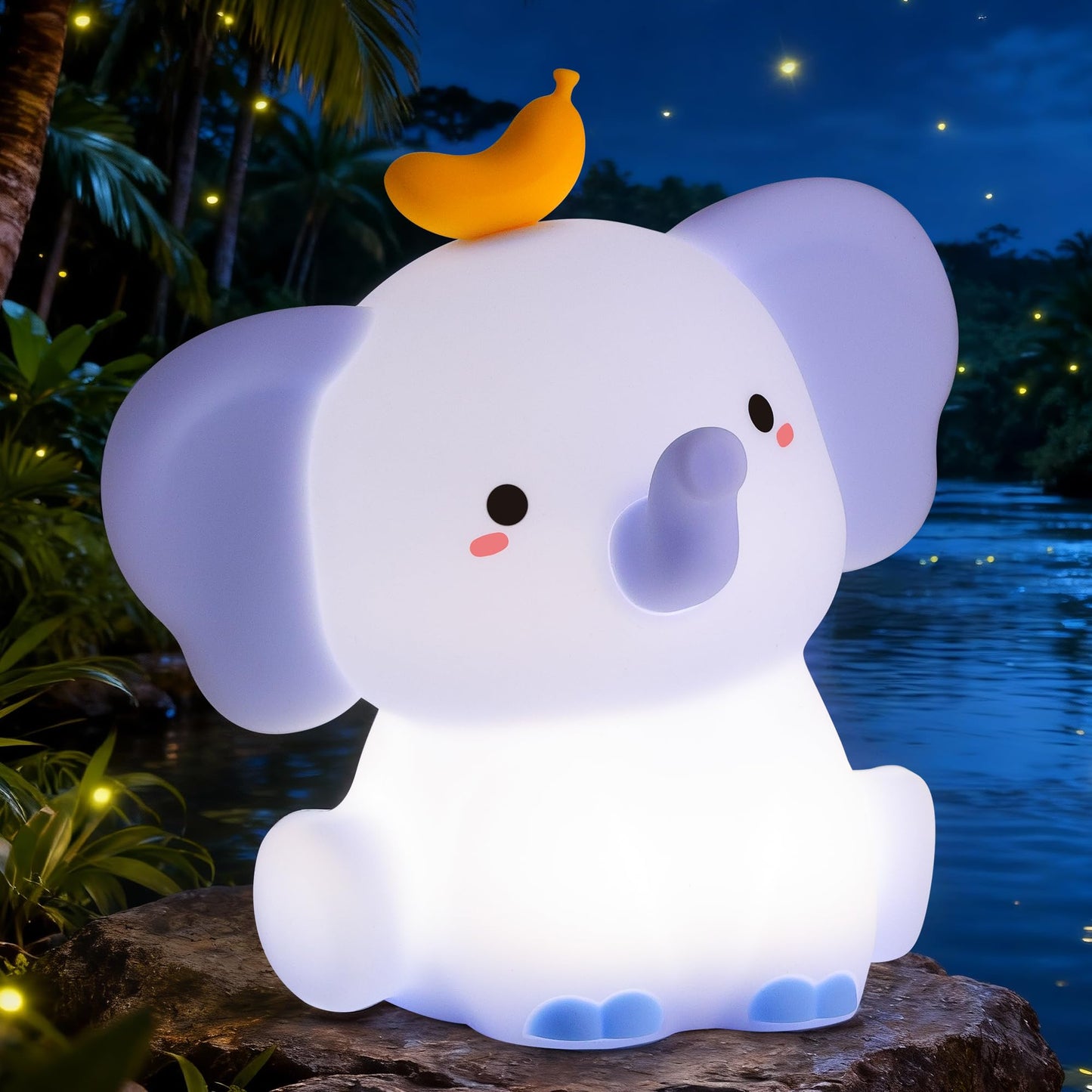 Ammonite Blue Elephant Night Light, Soft Silicone Elephant Nursery Lamp with 2 Dimming Levels and 20-Minute Timer, Touch Control Nightlight for Bedroom Decor, Christmas Birthday Gift