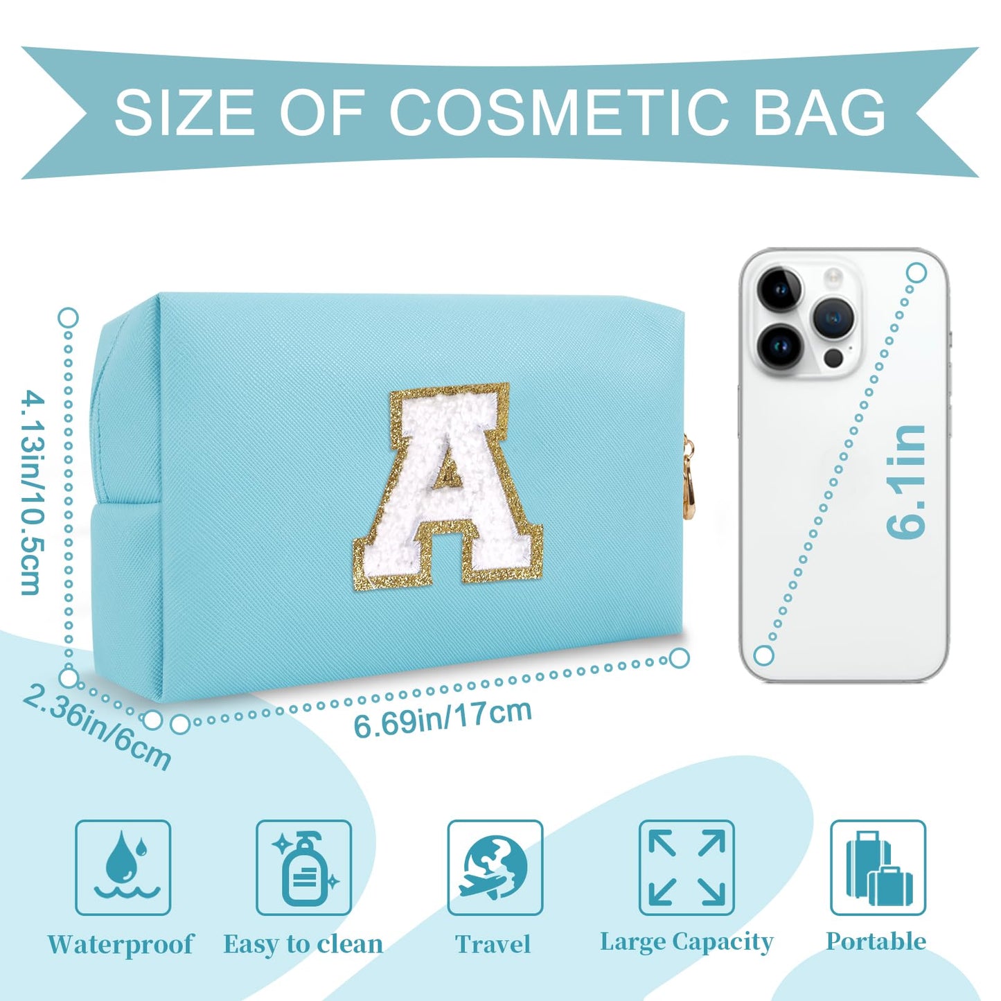 Small Personalized Initial A-Z Preppy Patch Makeup Bag,PU Chenille Letter Travel Cosmetic Pouch with Zipper,Blue Cute Toiletry Bag,Gift Ideal for Teen Girls Women Teacher Bridesmaid,Letter A