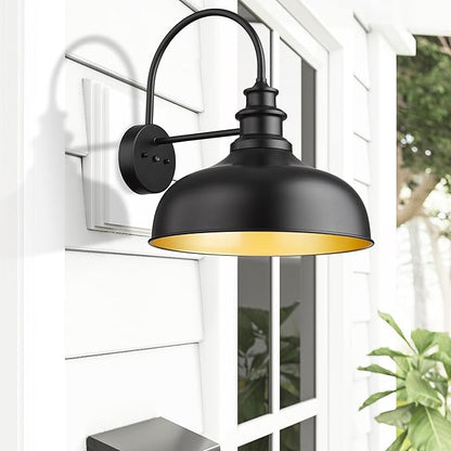Bestshared 16 Inch Dome Large Dusk to Dawn Sensor Gooseneck Barn Light Farmhouse Outdoor Wall Sconce Industrial Exterior Wall Lighting Fixture, Outside Lantern Garage Lamp (Black+Gold,16” Dome-1Pack)