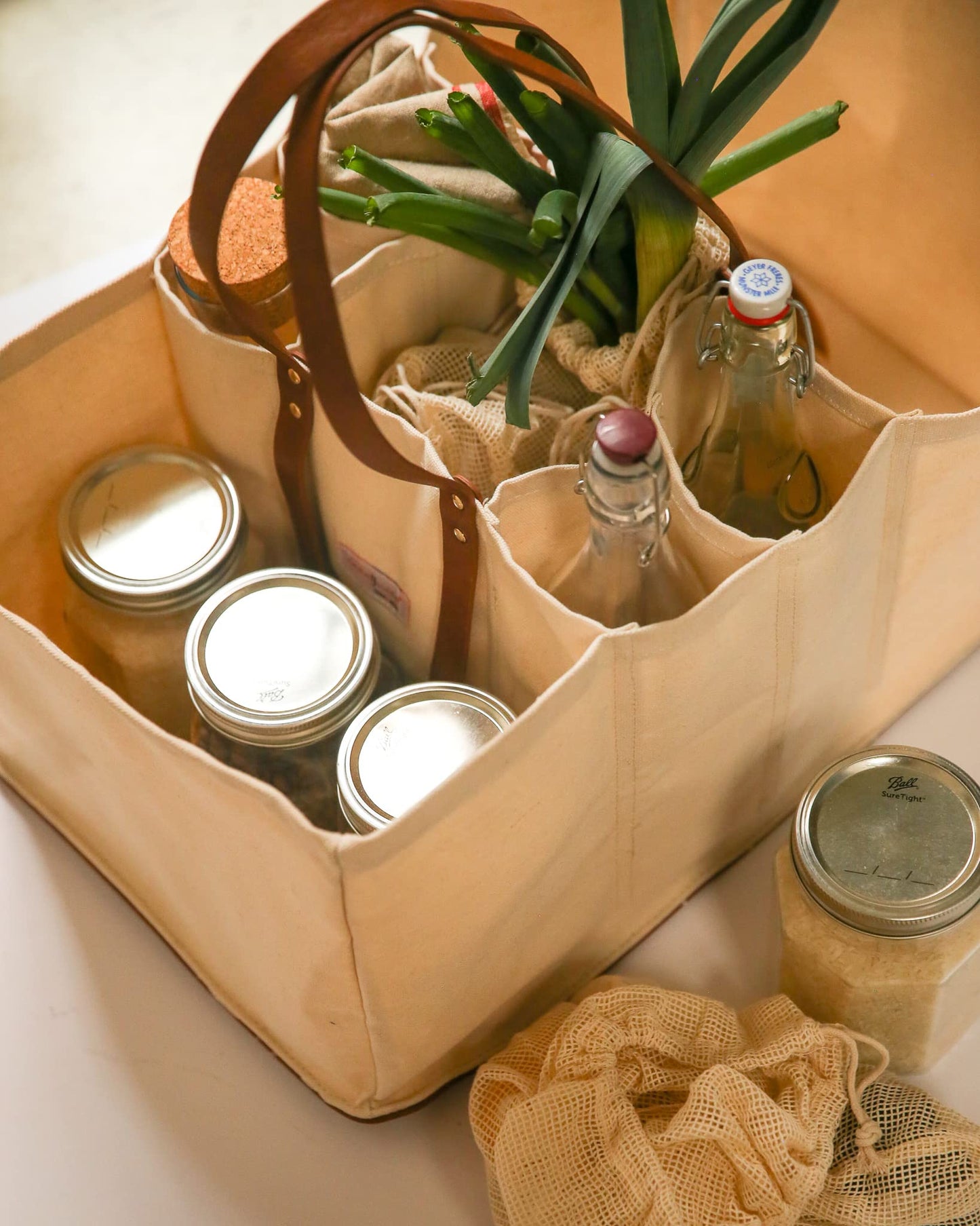 CapaBunga Grocery Tote Bag with Handles - 5 Pocket Large Utility Tote Bag - Heavy Duty Canvas Utility Bags with Vegan Leather Base - Reusable Shopping Bags for Groceries - Natural Grocery Bag