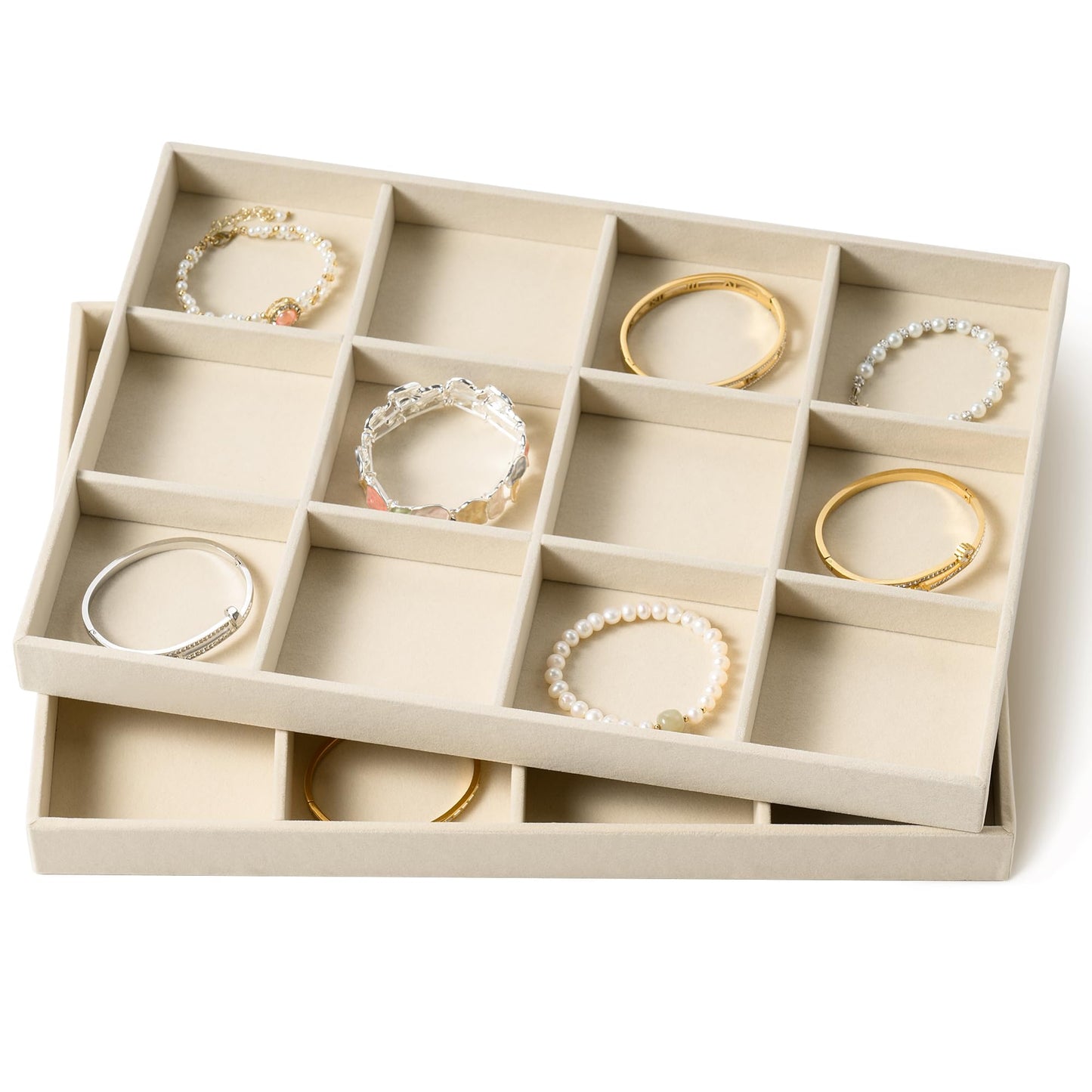 pickpiff Drawer Jewelry Organizer & Display Trays: 2pcs 12grid Velvet Stackable Jewelry Case (13.8x9.4x1.2inch) - Soft Beige Necklace Holder Bracelet Display Watch Box