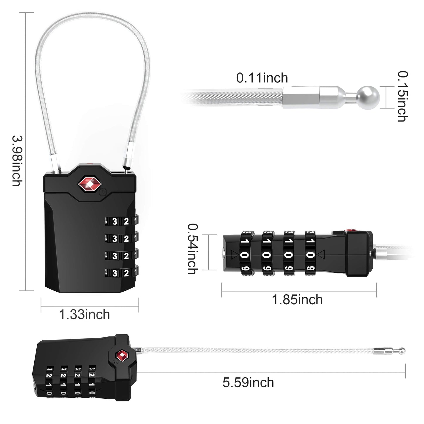 TSA Approved Locks for Luggage, 2 Pack Combination Travel Steel Cable Lock, Re-settable 4 Digit Padlocks with Inspection Indicator, Alloy Body Keyless Padlock for Lockers, Backpacks, Bags - Black