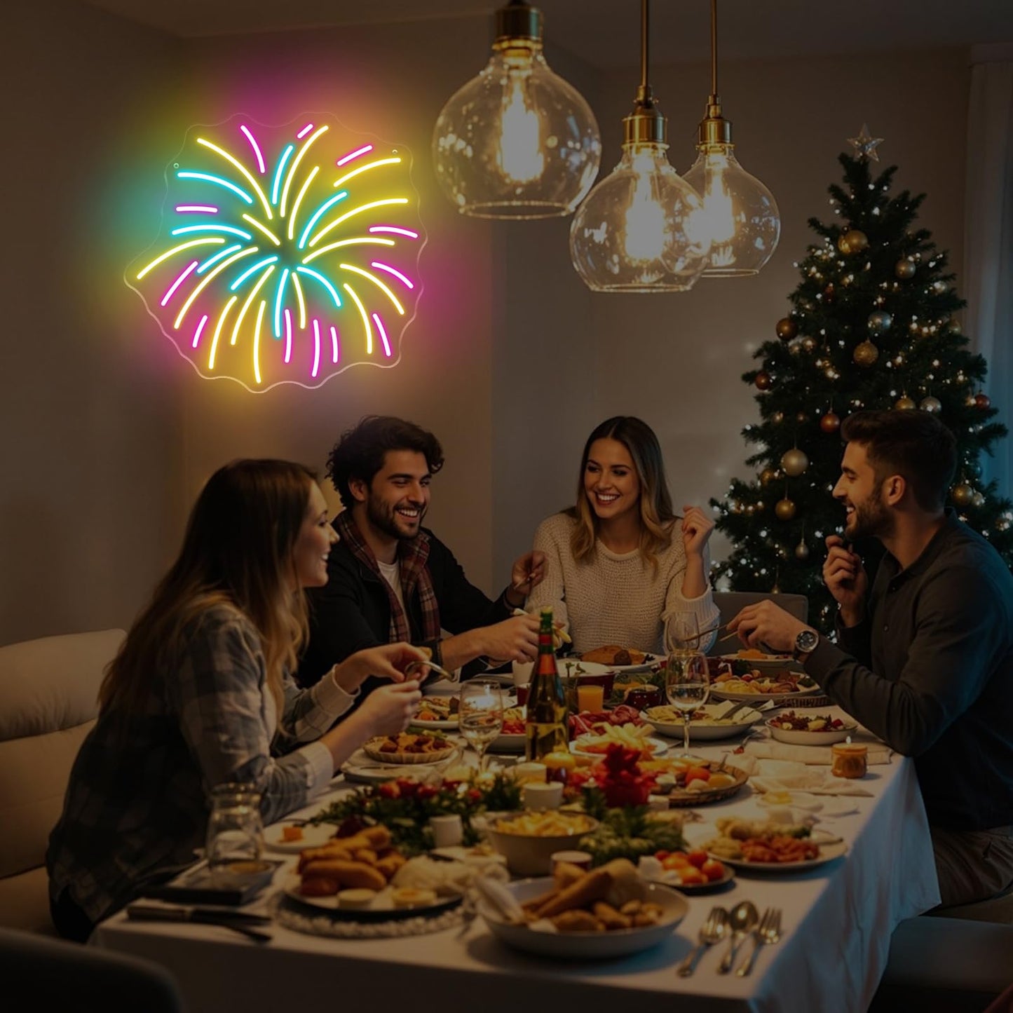 Fireworks Neon Sign 13.8x12.8in LED Wall Light USB Powered Decorative Sign for New Year Party Holiday Celebration Bedroom Living Room Wedding Party Decor