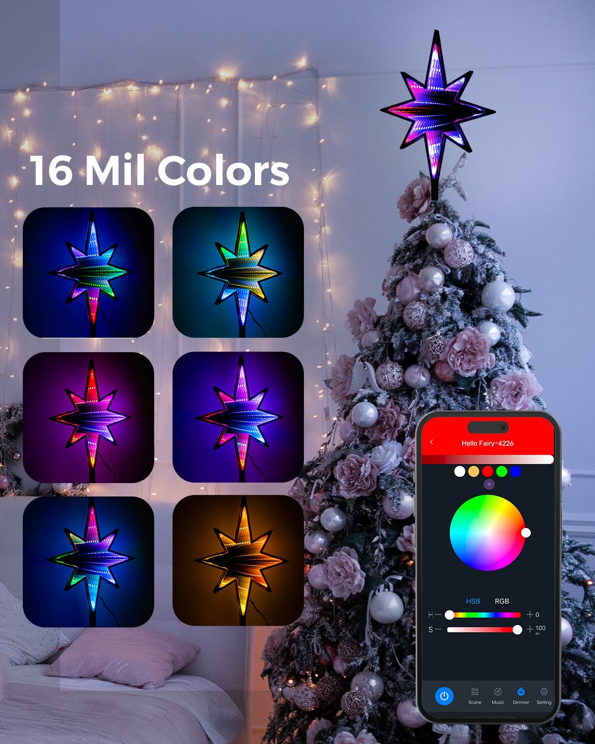Smart Christmas Tree Topper Infinity Mirror Double-Sided, 11" RGB Star Tree Topper, Timer, App Control, USB Powered, Music Sync, Tree Topper for Indoor Party Holiday Decor