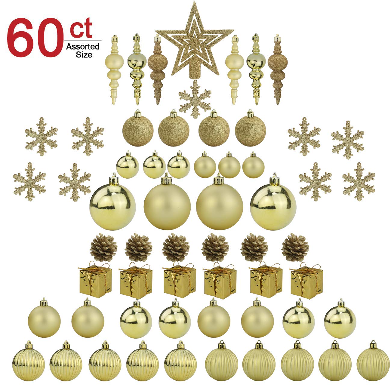 Sunnyglade 60ct Gold Christmas Tree Ball Ornaments Set Shatterproof Christmas Bling-Bling Hanging Decoration with Hand-held Gift Package for Xmas Tree Holiday Wedding Party (Gold)