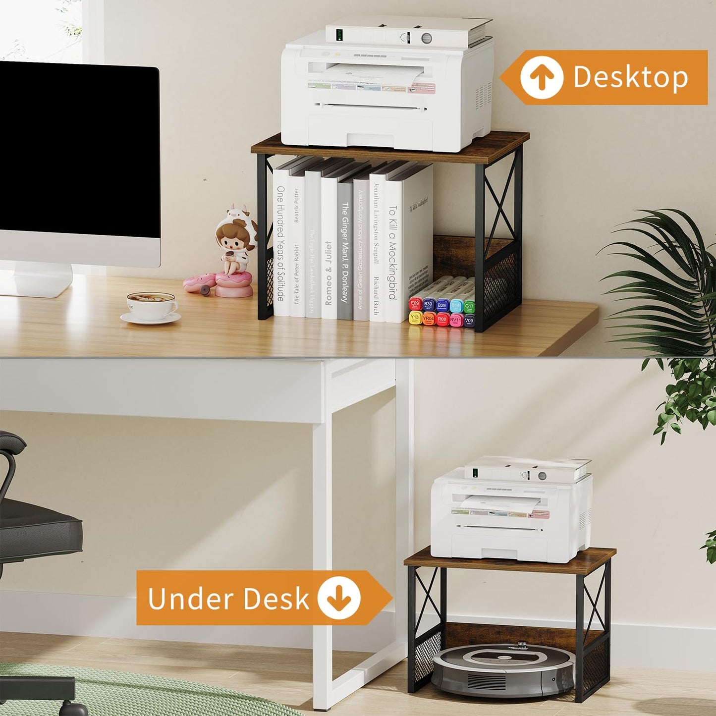 VYUOL Printer Stand for Desk, Desktop Printer Stand Shelf Organzier for Home Office, for Above and Under Desk, Fax Machine Copier Scanner, Rustic Brown