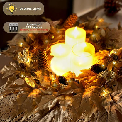 22 Inch Fall Wreaths for Front Door Outside Timer Function Pinecones Berries Autumn Fall Wreaths with 30 Warm Lights Home Porch Door Yard Harvest Mantle Window Decor