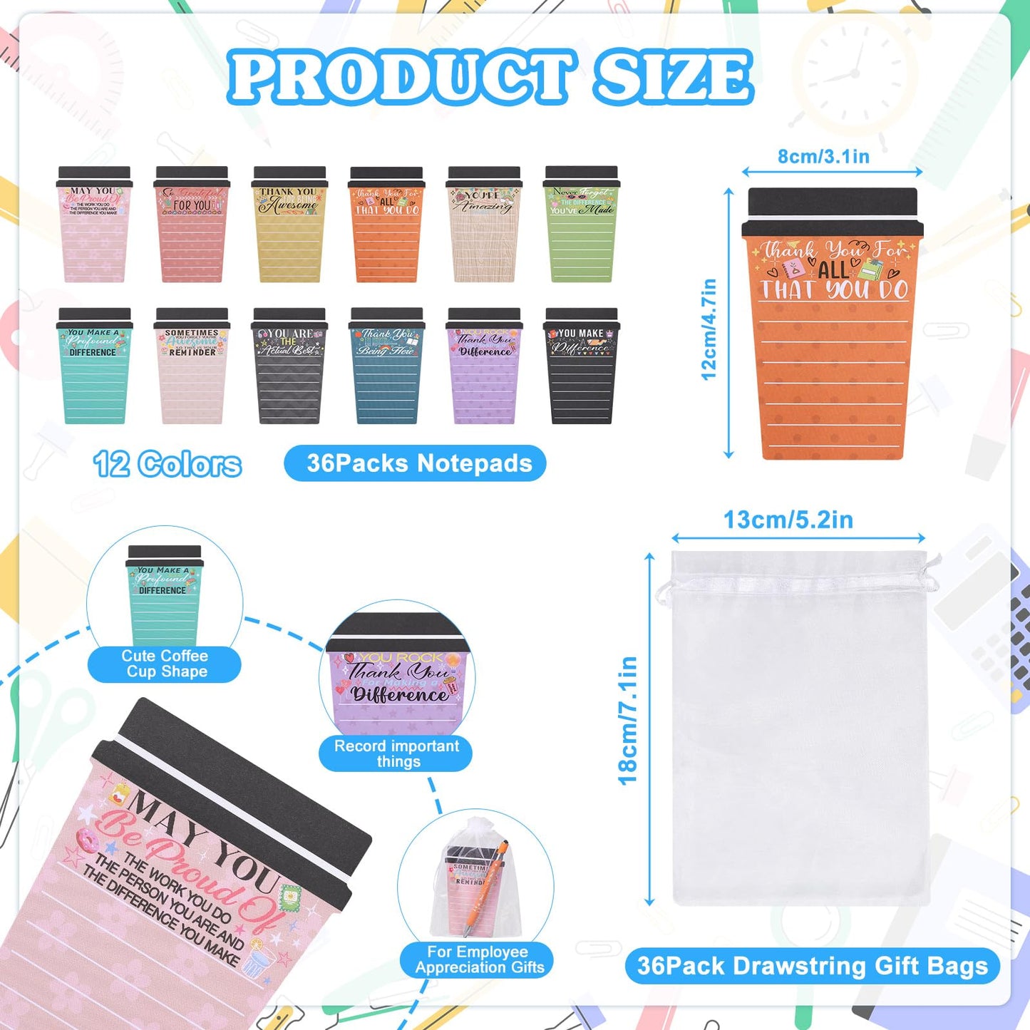 Mkway 36 Set Employee Appreciation Gifts Bulk Team - 36Pack Coffee Cup Notepad+36 Ballpoint Pens+ 36 Drawstring Gift Bags, Bulk Gifts for Coworkers/Staffs/Teachers/Christmas