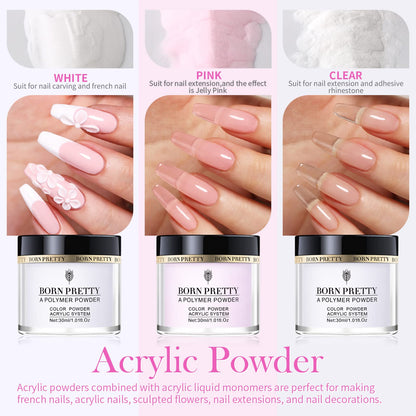 BORN PRETTY Acrylic Nail Kit - Acrylic Powder (Clear, White, Pink) & Liquid Set with Nail Forms, Brush Pen, File & Glass Container - Beginner Friendly