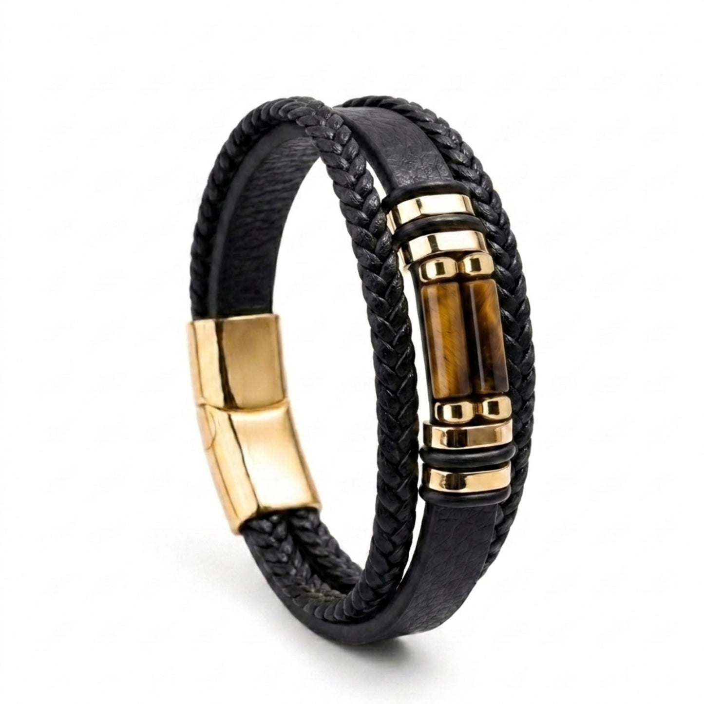 DHWANI ASTRO Leather Braided Stone Bracelet for Men Stainless Steel Buckle Multi Layer Wristband Cuff Bracelets Handmade With Metal Clasp Closure (Tiger Eye)