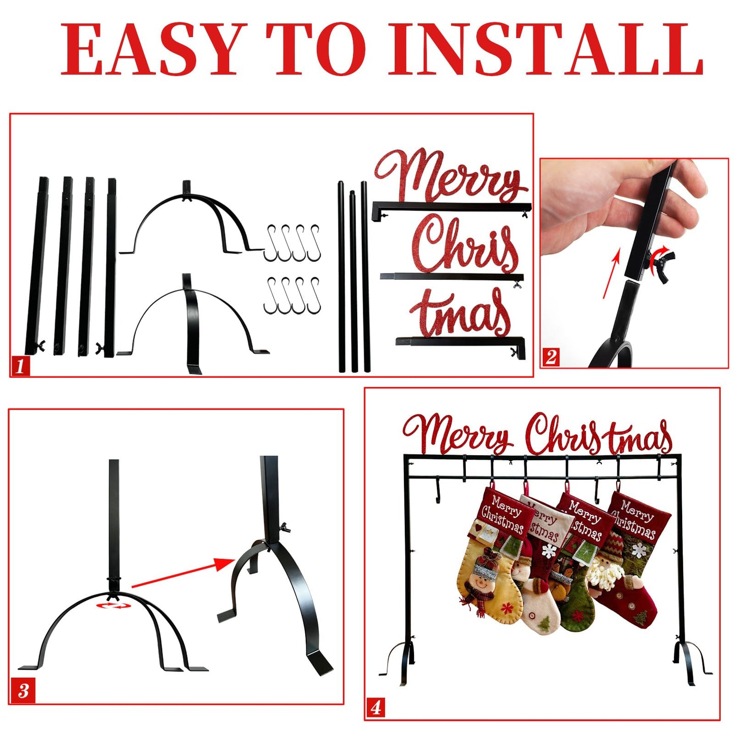 HUTHDAK Metal Merry Christmas Stocking Holder Stand with 8 Hooks,Heavy Duty Freestanding Christmas Stocking Holder Stand for Floor.Deluxe Christmas Stocking Stand-Easy Assembly and Stand for Home