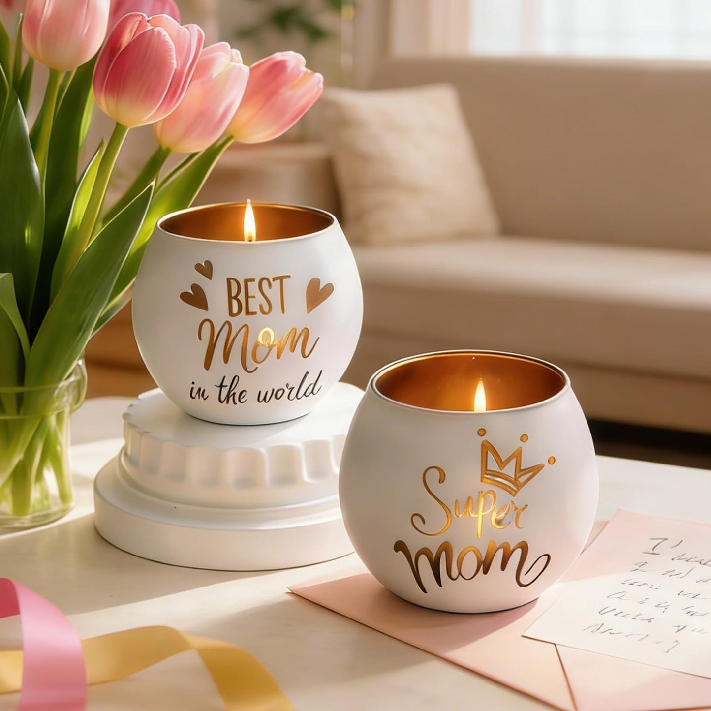 Mother's Day Glass Candle Holders Set of 4, Best Mom Ever Tealight Holders with Super Mom & Heart Designs, Decorative Votive Candle Holders for Women's Birthday, Grandma Gift & Mother's Day Decor