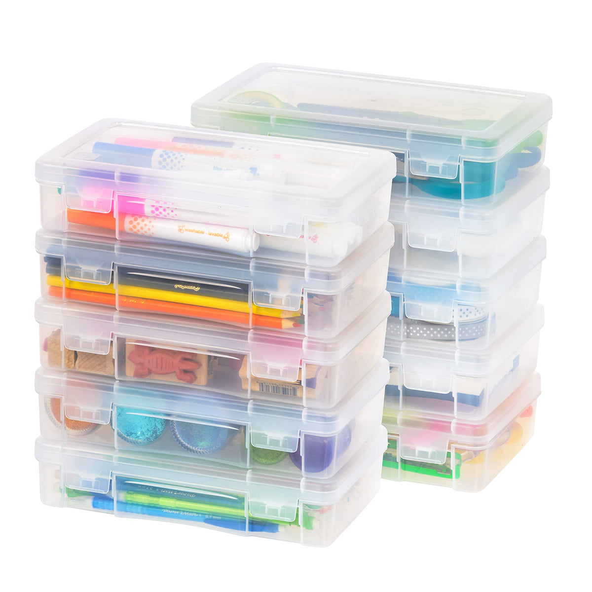 IRIS USA Pencil Case Box Storage Container for Organizing with Snap Lid, 10-Pack, Big Capacity Stackable Plastic Pen Pouch for Craft Hobby Art Supplies Journaling Stationery Sticker, Clear, Medium