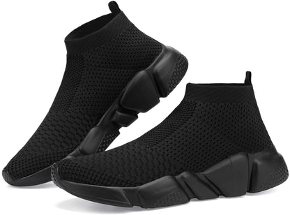 Santiro Sneakers for Men Knit Breathable Sock Slip On Shoes Lightweight Gym Running Sneakers Casual Tennis Walking Shoes All Black 9.5 US