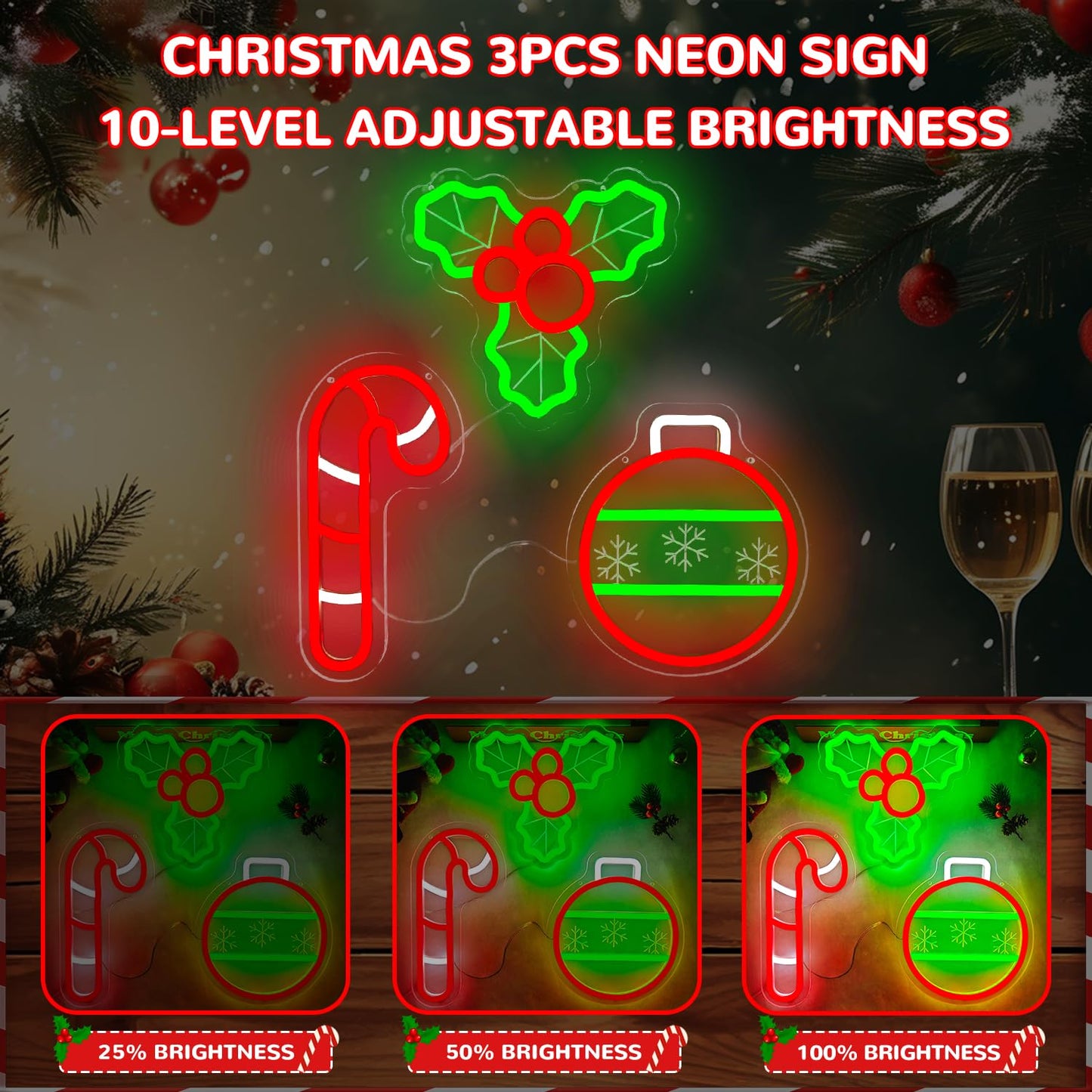 hhuohuona Christmas Neon Sign 3-Piece Dimmable Lighted Holly Berry Christmas Ball Candy Cane Led Sign Xmas Window Lights Holiday Party Light Up Signs for Wall Decor
