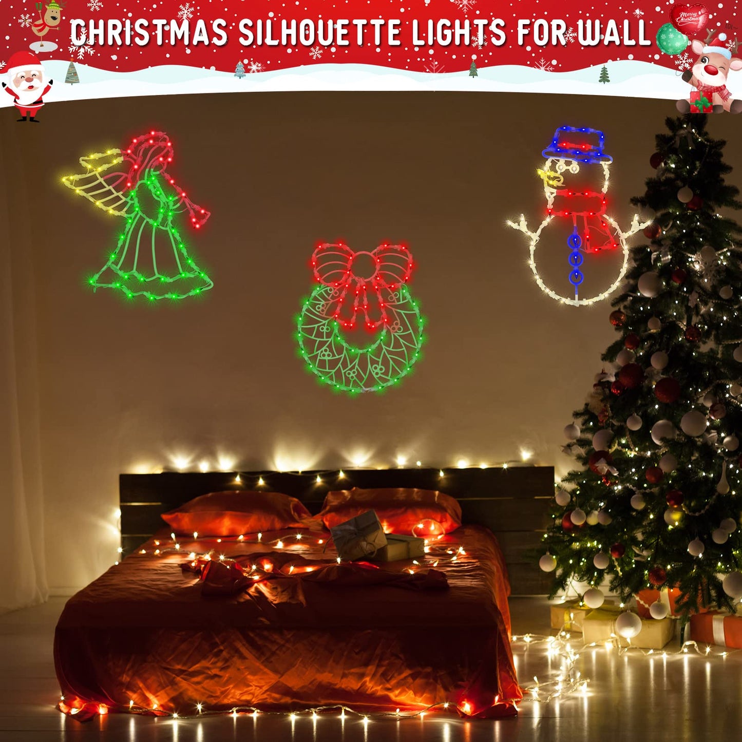 Christmas Window Silhouette Lights Decorations Pack of 4 Lighted Snowman, Trumpeting Angel, Wreath, Christmas Tree Christmas Window Lights with 50 Bulbs for Holiday Indoor Wall Door Glass Decorations