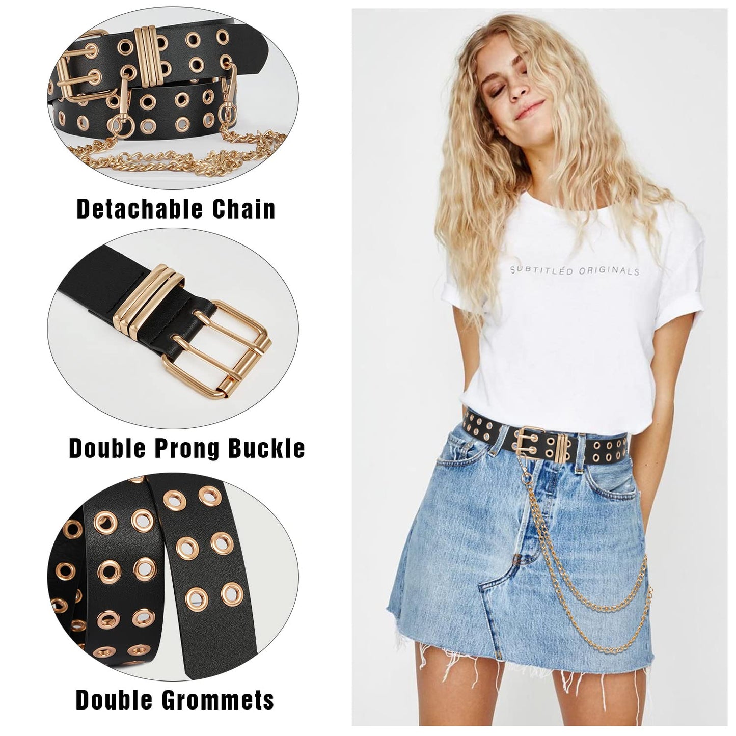 FIORETTO Double Grommet Leather Belt with Detachable Chain Women Men Punk Rock Waist Belts for Jeans Pants Double Holes (with Gold Chain)
