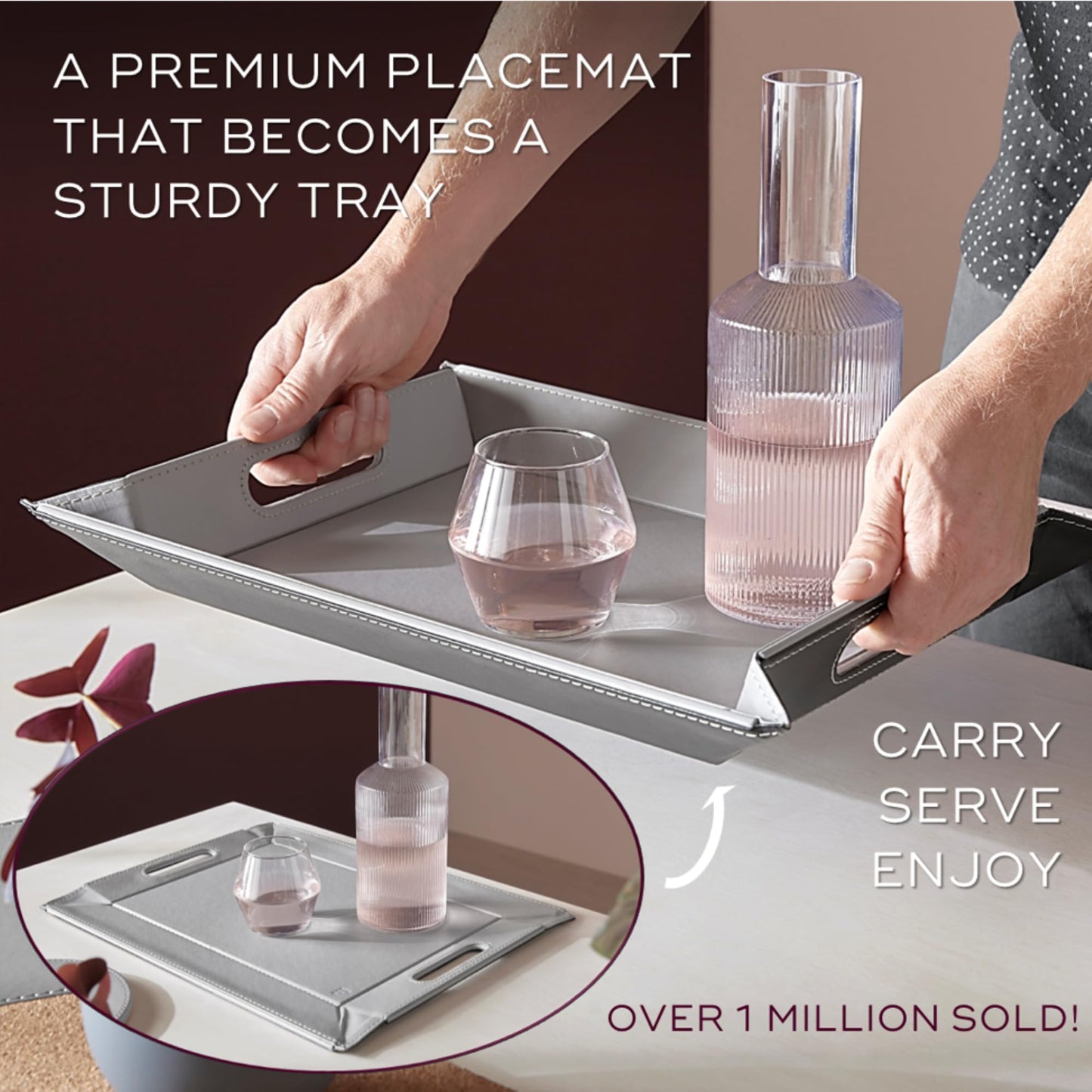 FREEFORM PLACEsMAT 2-in-1 Faux Leather Placemat & Serving Tray | Reversible Design, Lays Flat & Easy to Clean | Ottoman Food Tray, Perfect Housewarming Gift, 18” x 14” (Fabric Tan & Cream, Single)