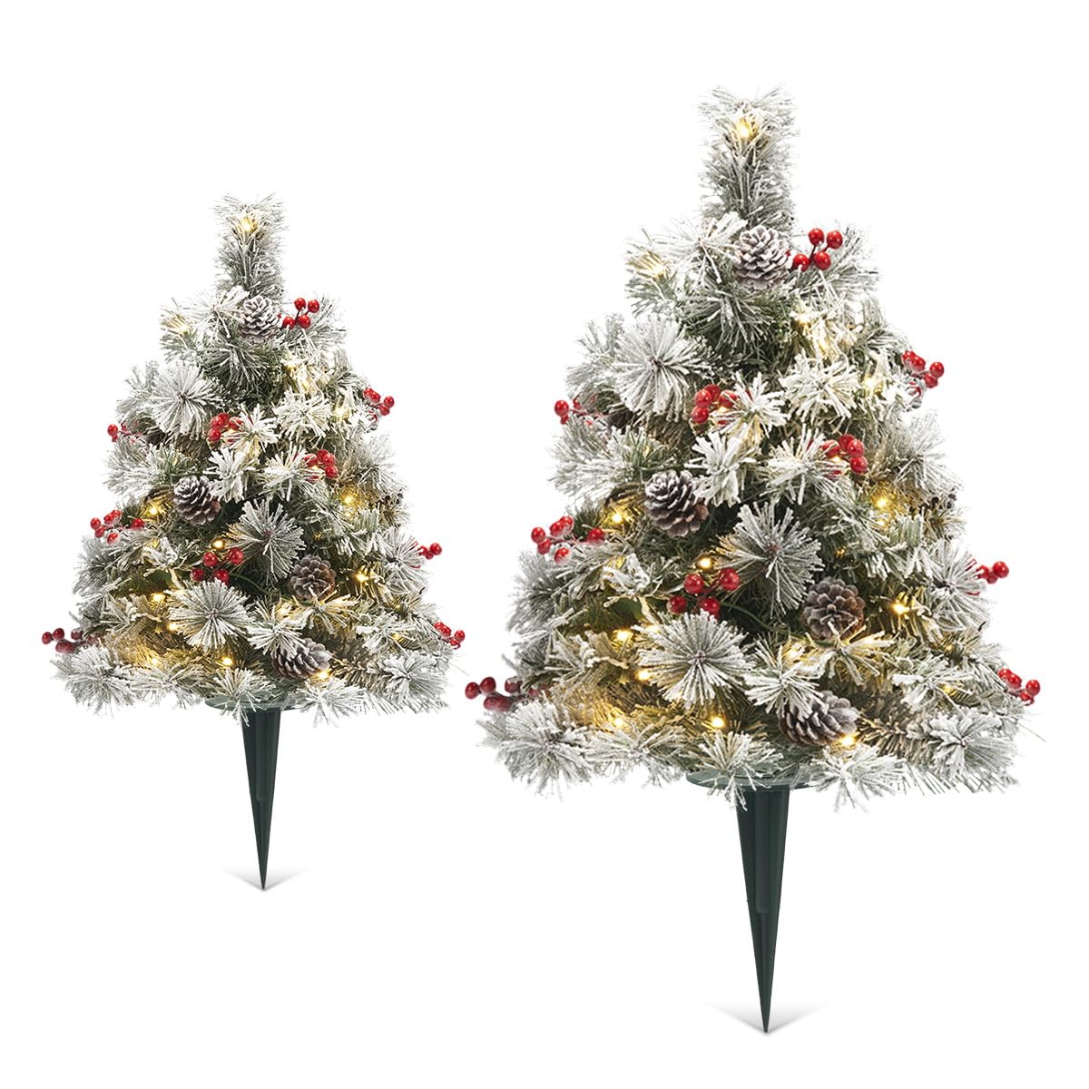 HiBean Christmas Tree Urn Filler 2 Set 30 inch, Pathway Porch Flocked Christmas Trees Pre-Light LED Battery Operated Outdoor Xmas Decor for Entrance, Yard, Garden, Red Berries, Pine Cones (White)