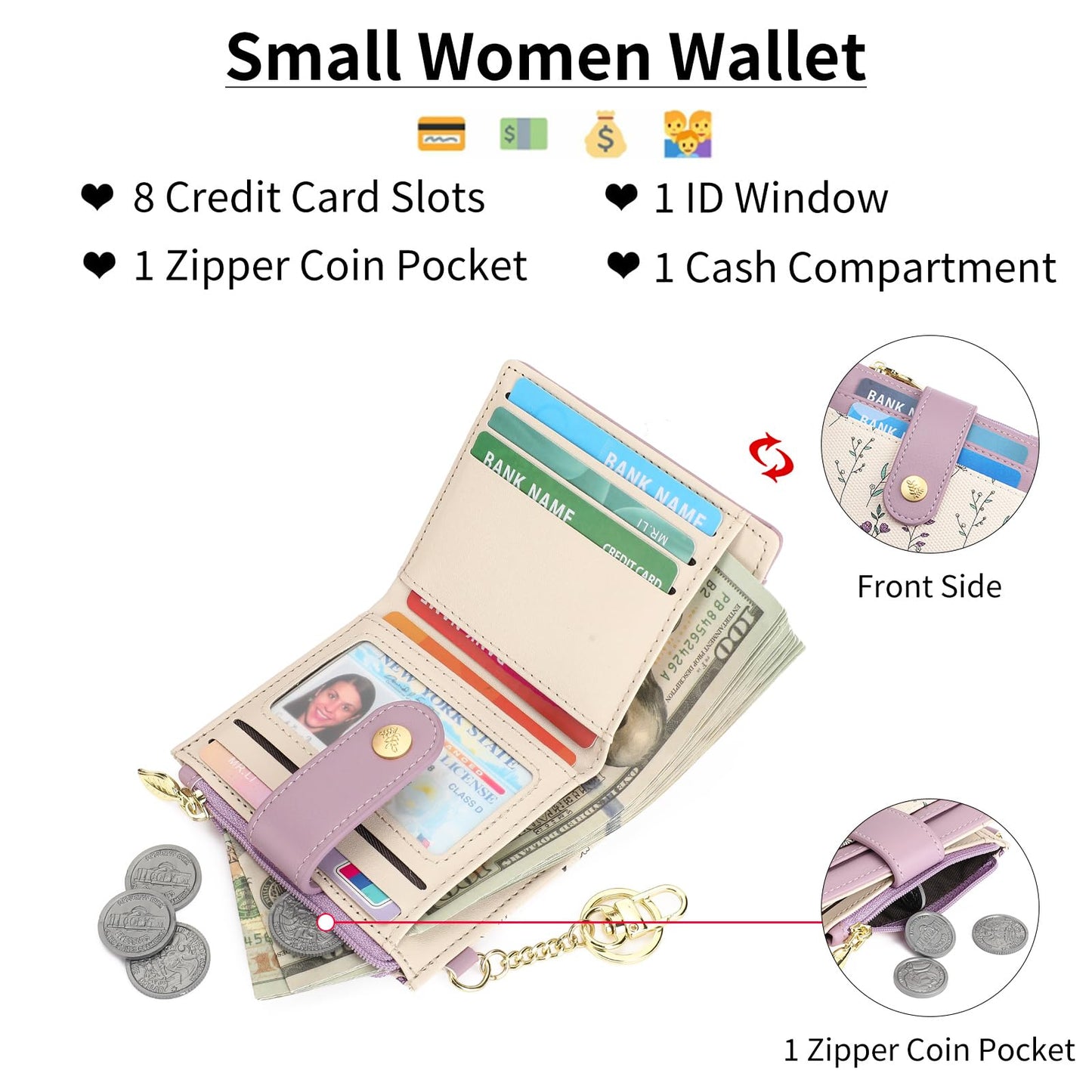 GAEKEAO Small Wallet for Women RFID Blocking Bifold Card Holder Vegan Leather with Zipper Coin Pocket, ID Window, Keychain
