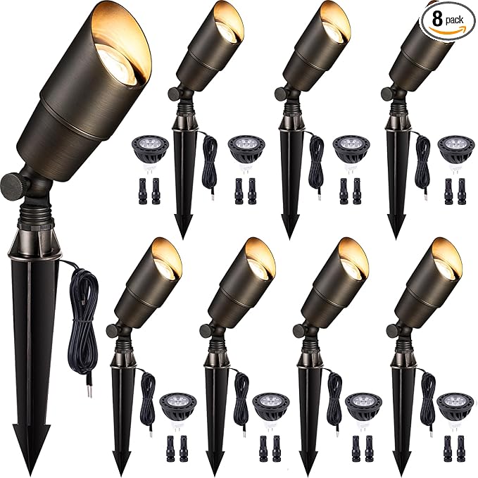 Gardenreet Spot Light Brass - Outdoor Landscape Spotlights 12V, LED Low Voltage Landscaping Uplights, All Weather Hard-Wired Bronze for Backyard Lawn with Day Light Changeable Bulbs (8 Pack)