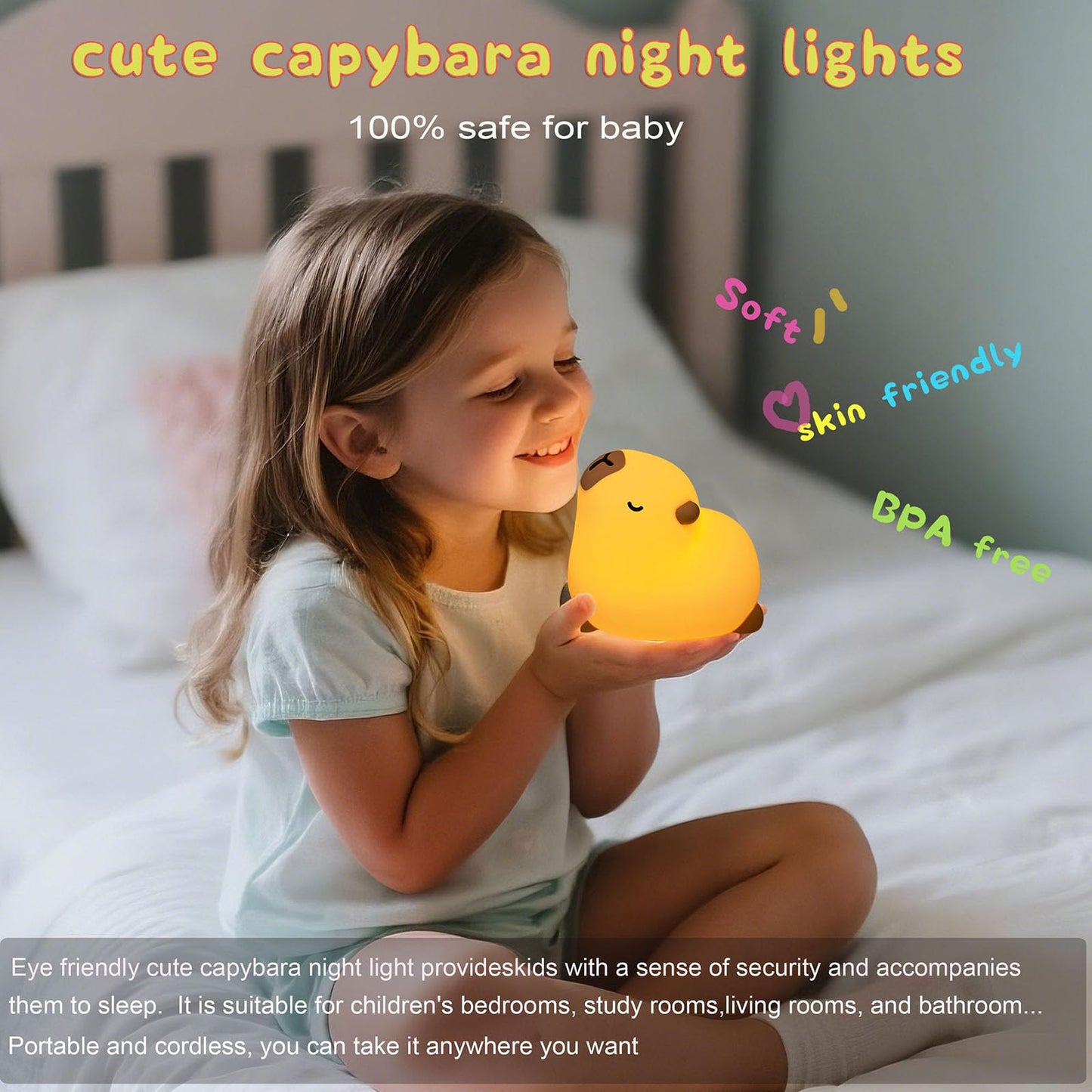 Cute Capybara Night Light, LED Rechargeable Touch Bedside Lamp,Squishy Capybara light Novelty Animal Night Lamp,2 Levels Dimmable,20Min Timer Nursery Nightlight for Kids, Bedroom Baby Boys Girls Gifts