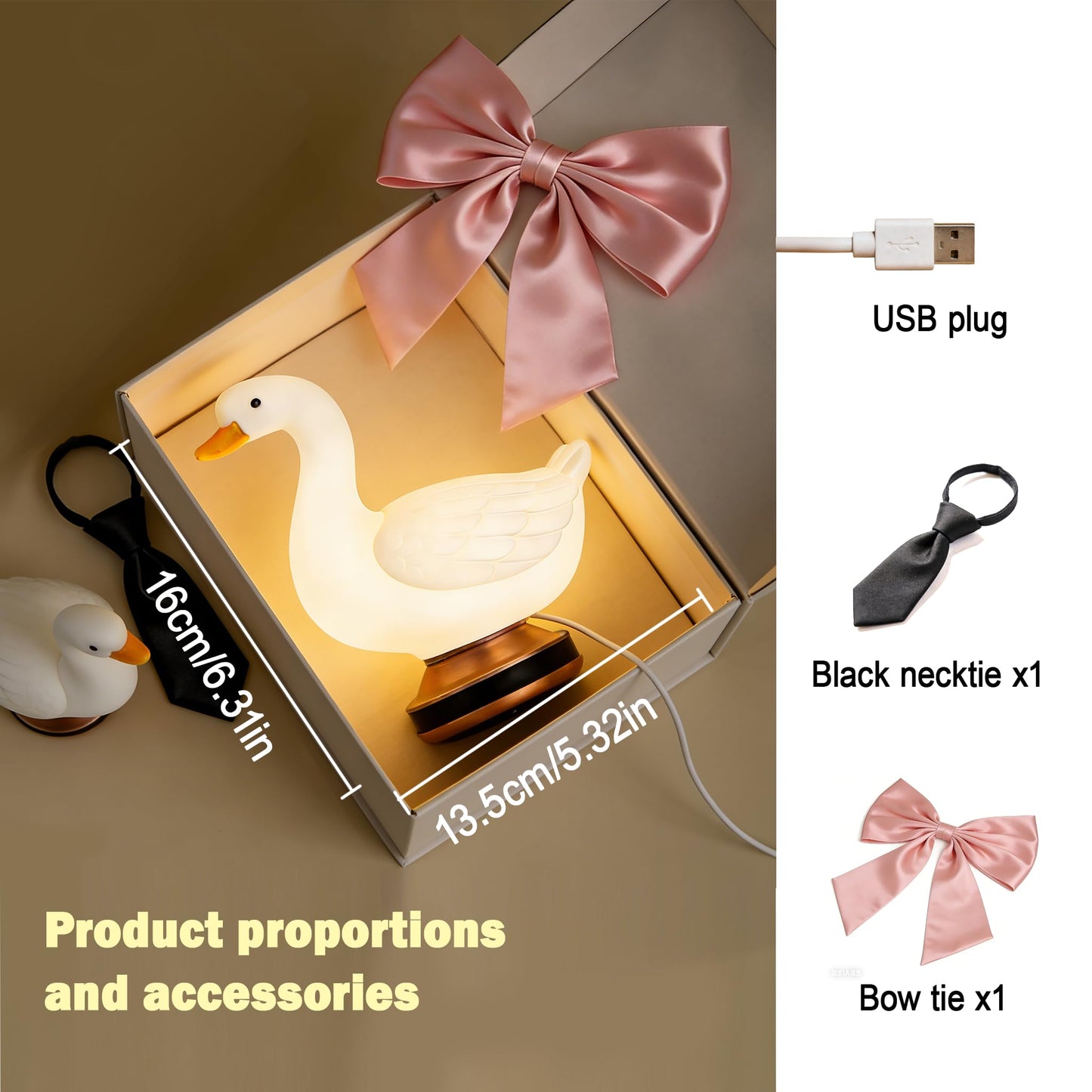 Eastyle Goose Night Light with Bow and Tie Accessories, Decorative Goose Shaped Table Lamp, Warm White USB Plug-in Goose Lamp, Cute Goose Nightlight, Resin Desk Light for Bedroom Shelf Decor Gift