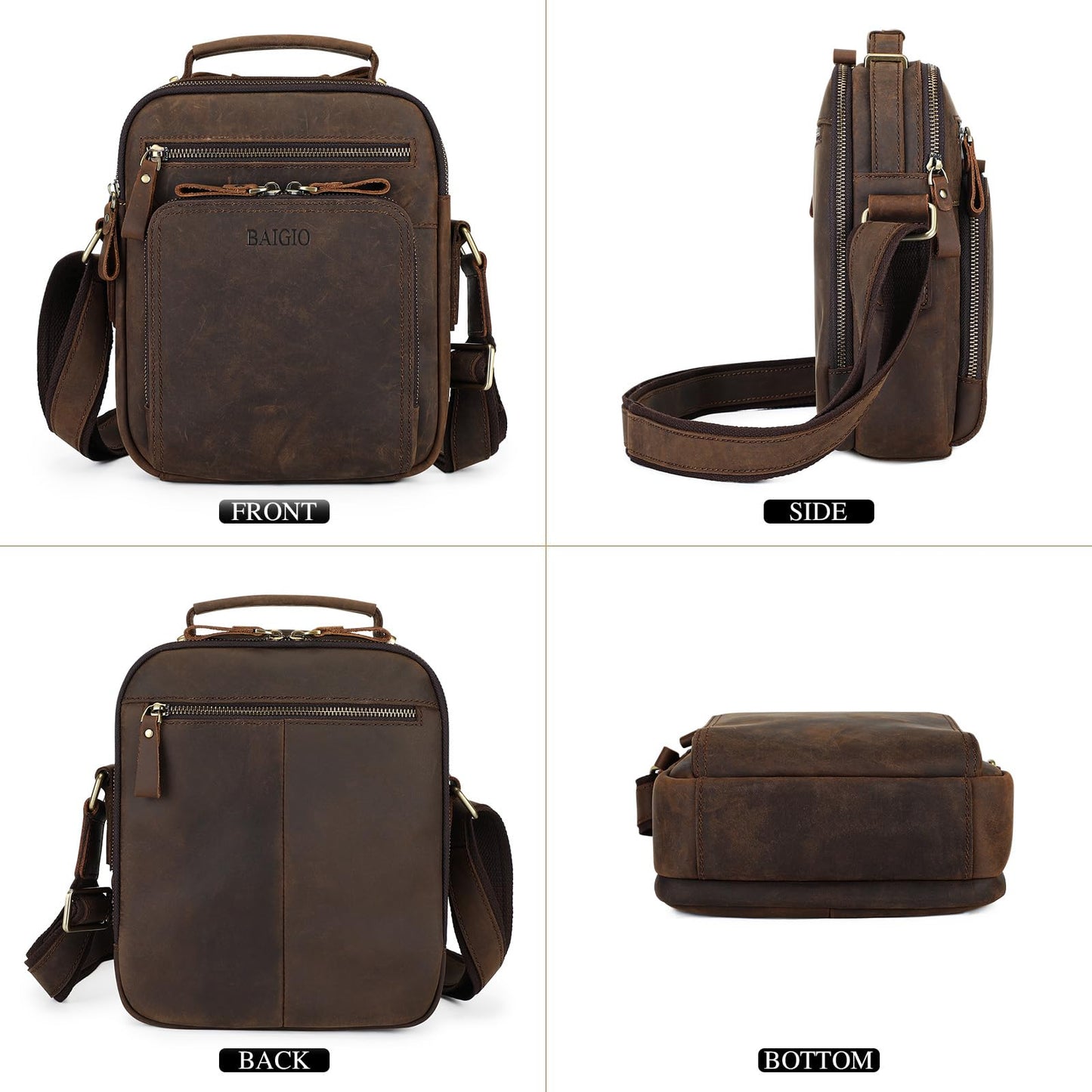 BAIGIO Genuine Leather Small Messenger Bag for Men Crossbody Shoulder Bag for Ipad Small Handbag Vintage Man Purse Daily Business(Dark Brown)
