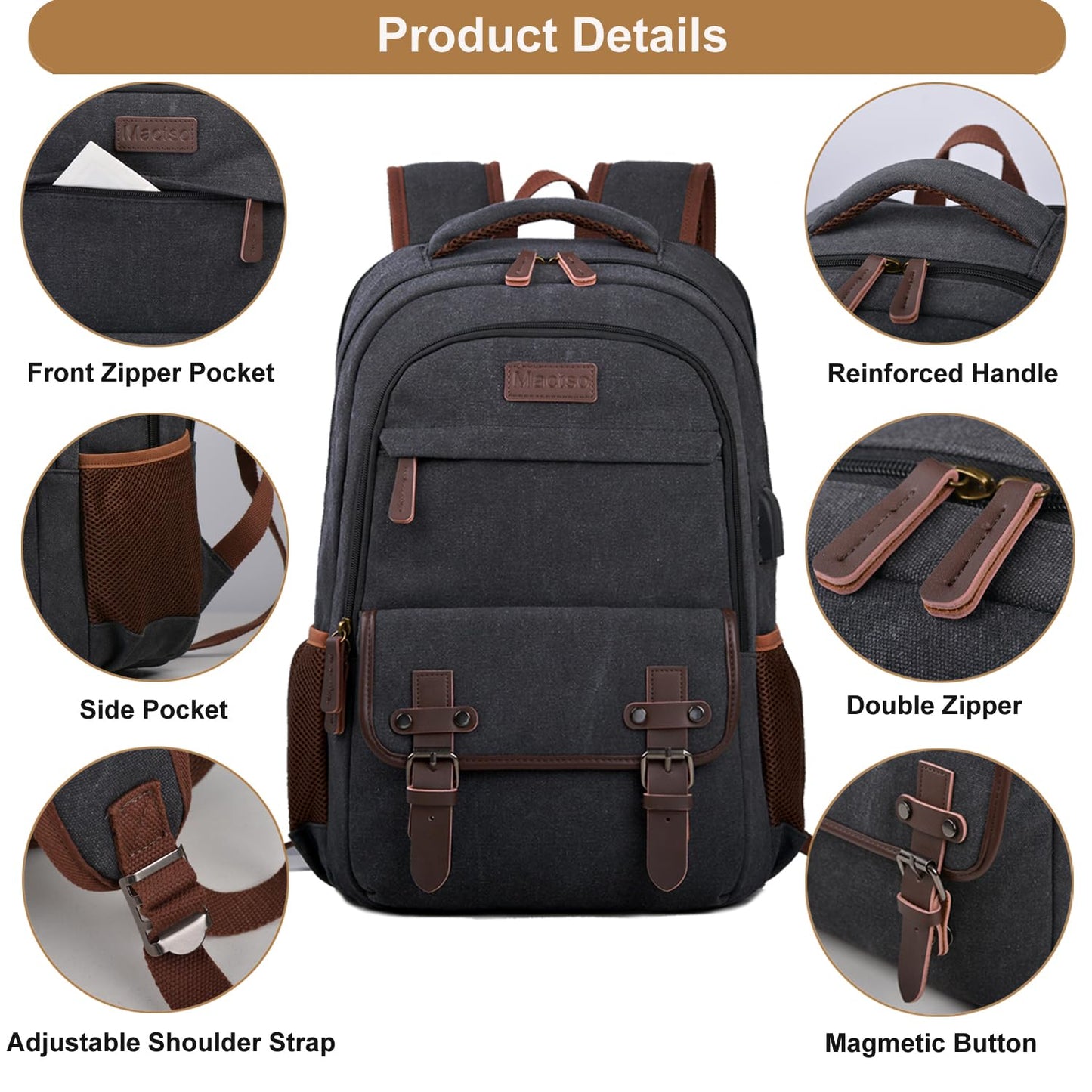Mactso Canvas Travel Laptop Backpack for Men Women, Business Work Rucksack College Computer Bag Fits 17.3 Inch Notebook,Bookbag with USB Charging Port (Black, 17.3 Inch)
