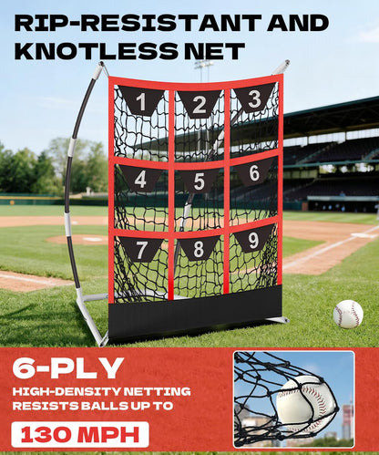 Queension 9 Hole Pitching Target Net with Strike Zone, Baseball Batting Net with Target Pockets, Pitching Net with Ground Stakes and Sandbags for Baseball Training, White