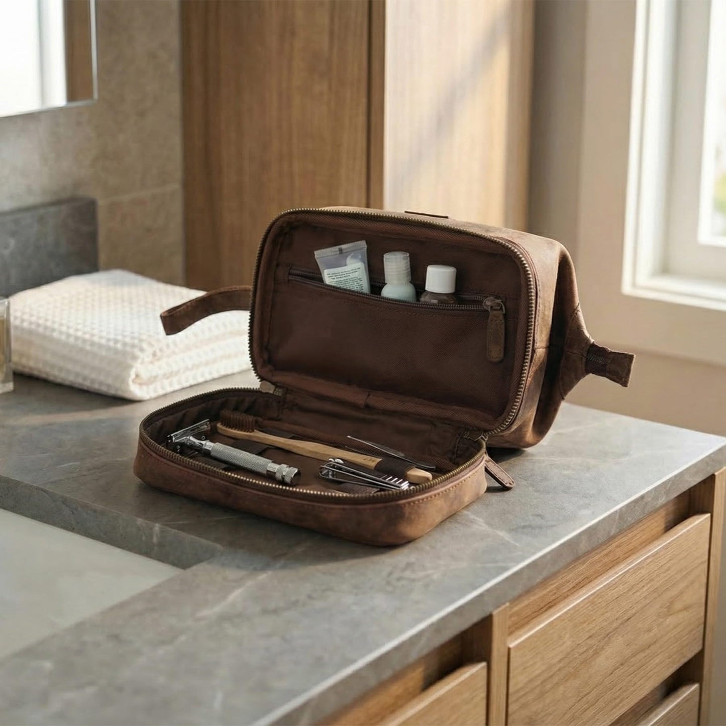 LEATHER VILLAGE Genuine Leather Dopp Kit – Large Travel Toiletry Bag with Waterproof Lining, Dual-Zip Design for Men & Women, Organizer for Shaving, Makeup & Essentials - Brown