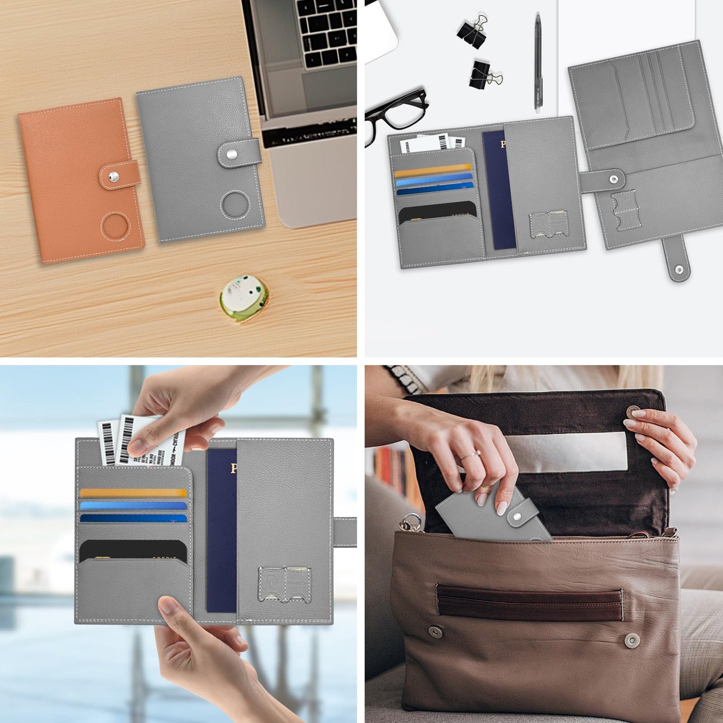 Genuine Leather Passport Holder for Travel, RFID Blocking Passport Wallet with Tracker Holder, Slim Passport Cover Travel Wallet for Women Men, Airport Essentials (Gray)