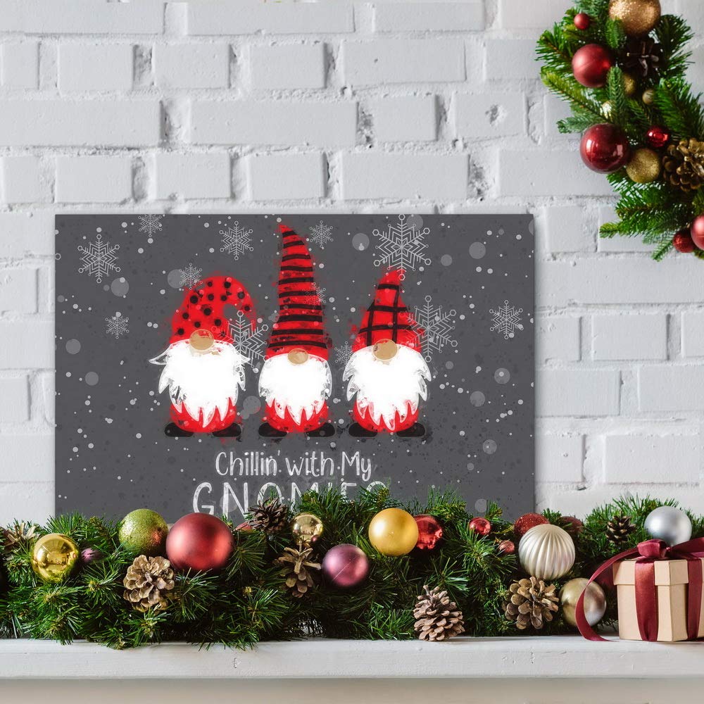 Renditions Gallery Chillin with my Gnomies Wall Art, Funny Christmas & Winter Decorations, Grey, Red, Black, Premium Gallery Wrapped Canvas Decor, Ready to Hang, 8 in H x 12 in W, Made in America