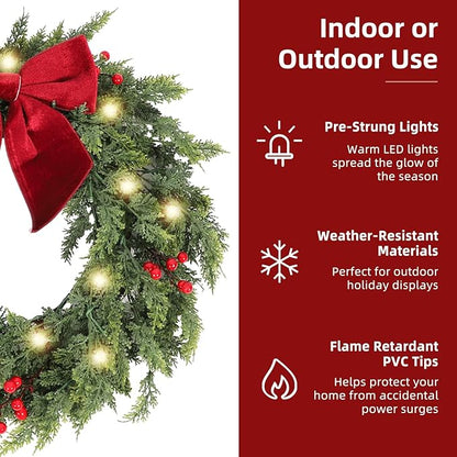 30 Inch Christmas Wreaths for Front Door with Lights,Lighted Cedar Door Wreath,Prelit Real Touch Artificial Green Winter Wreath with Large Burgundy Velvet Bow for Indoor Outdoor Decor