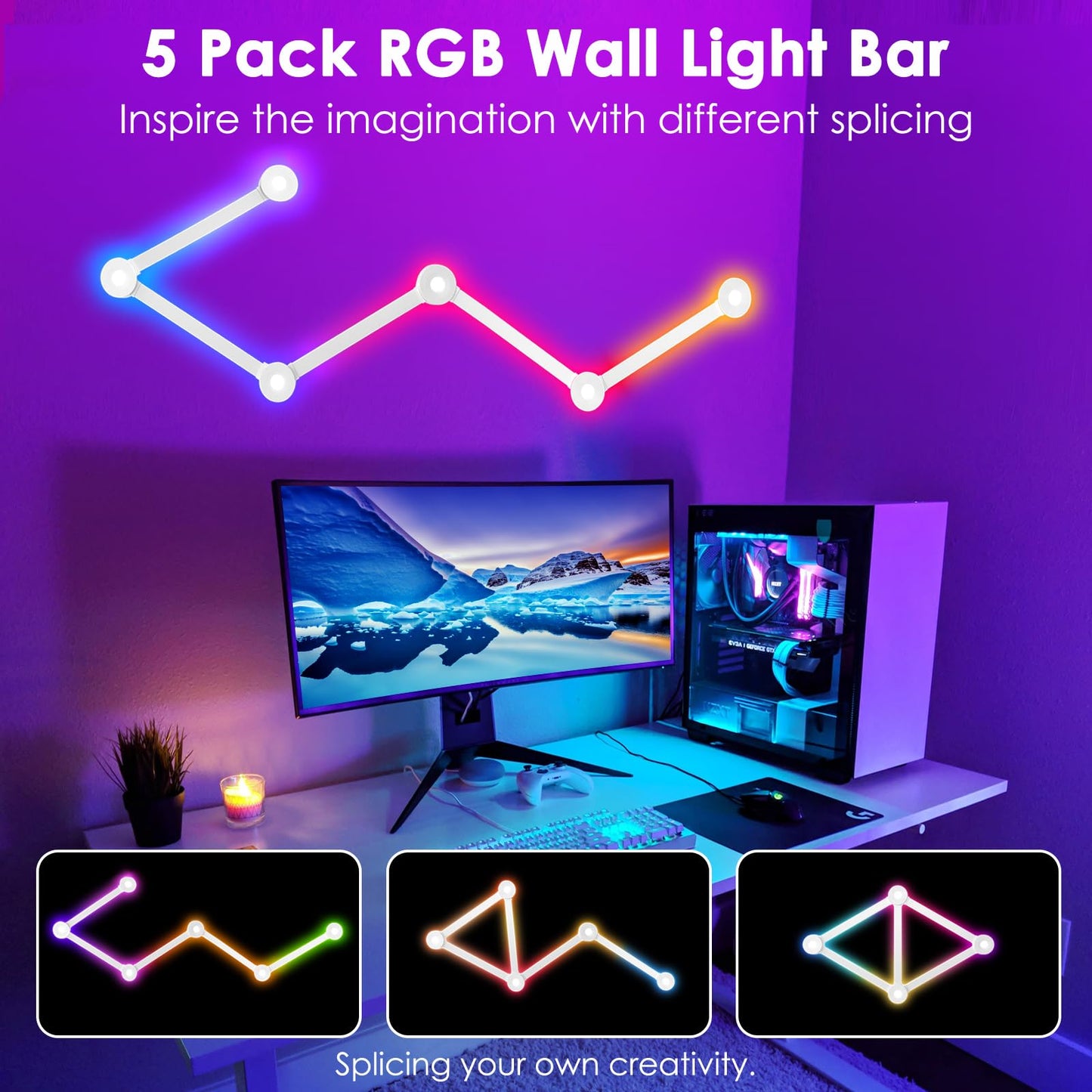 HEDCINLT RGB Wall Light lines, Smart Gaming LED Lights DIY Geometry Splicing Gaming Wall Light Bar, Backlit Modular APP Control Colour Changing for Game Room,Bedroom,Home Decor Lights (5 Lines, White)