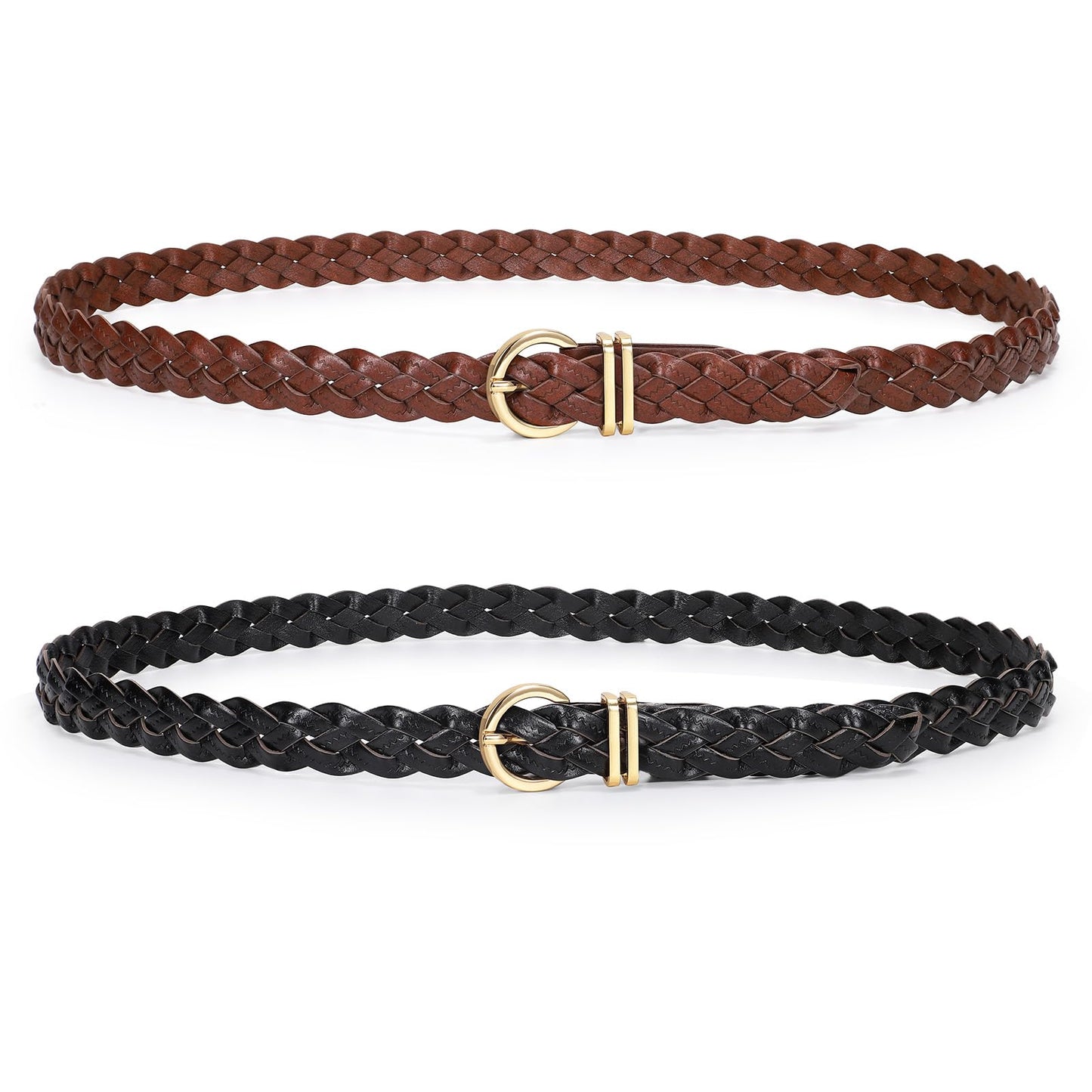 TRIWORKS 2 Pack Women's Leather Braided Skinny Belts Woven Thin Waist Belts for Jeans Pants Dresses