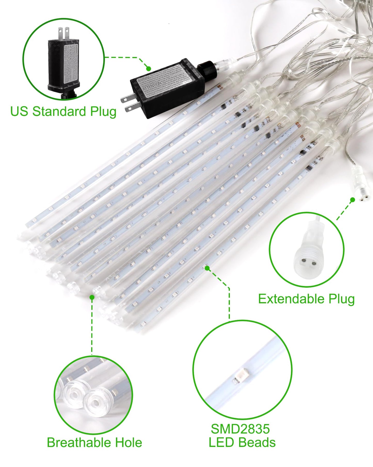 Blingstar Meteor Shower Lights Outdoor Christmas Lights, 16 Inch 10 Tubes 360 LEDs Falling Rain String Light with Timer, Waterproof Plug in Icicle Light for Tree Porch Roof Yard Xmas Decoration, Green