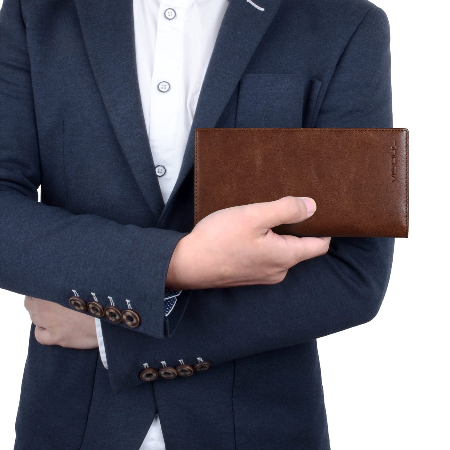 VISOUL Leather Checkbook Cover Wallet for Men with RFID Blocking, Mens Long Bifold Cash Tall Wallet with 11 Credit Card Slots 1 ID Window (Brown)