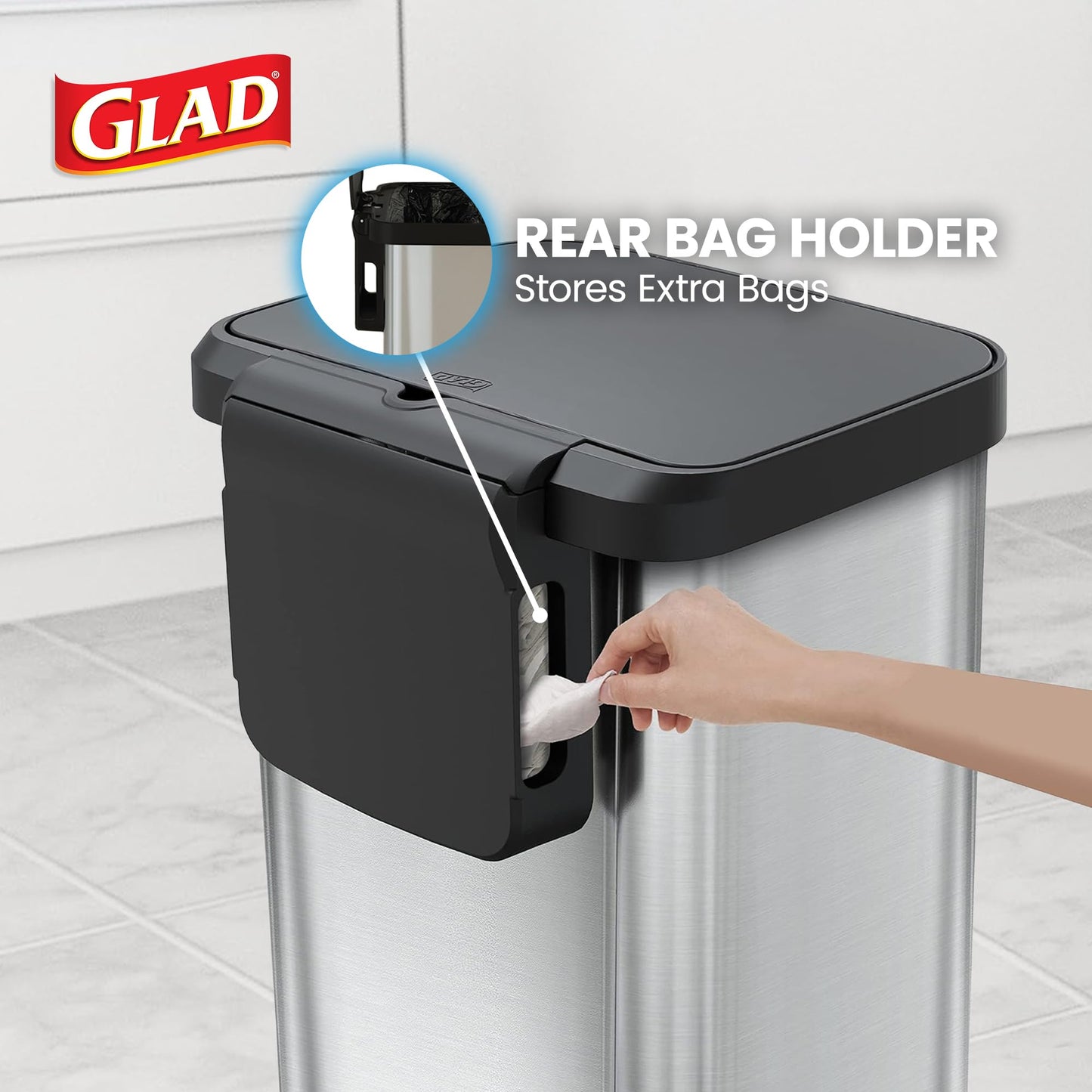 Glad Stainless Steel Step Trash Can with Clorox Odor Protection | Large Metal Kitchen Garbage Bin with Soft Close Lid, Foot Pedal and Waste Bag Roll Holder, 20 Gallon, Stainless