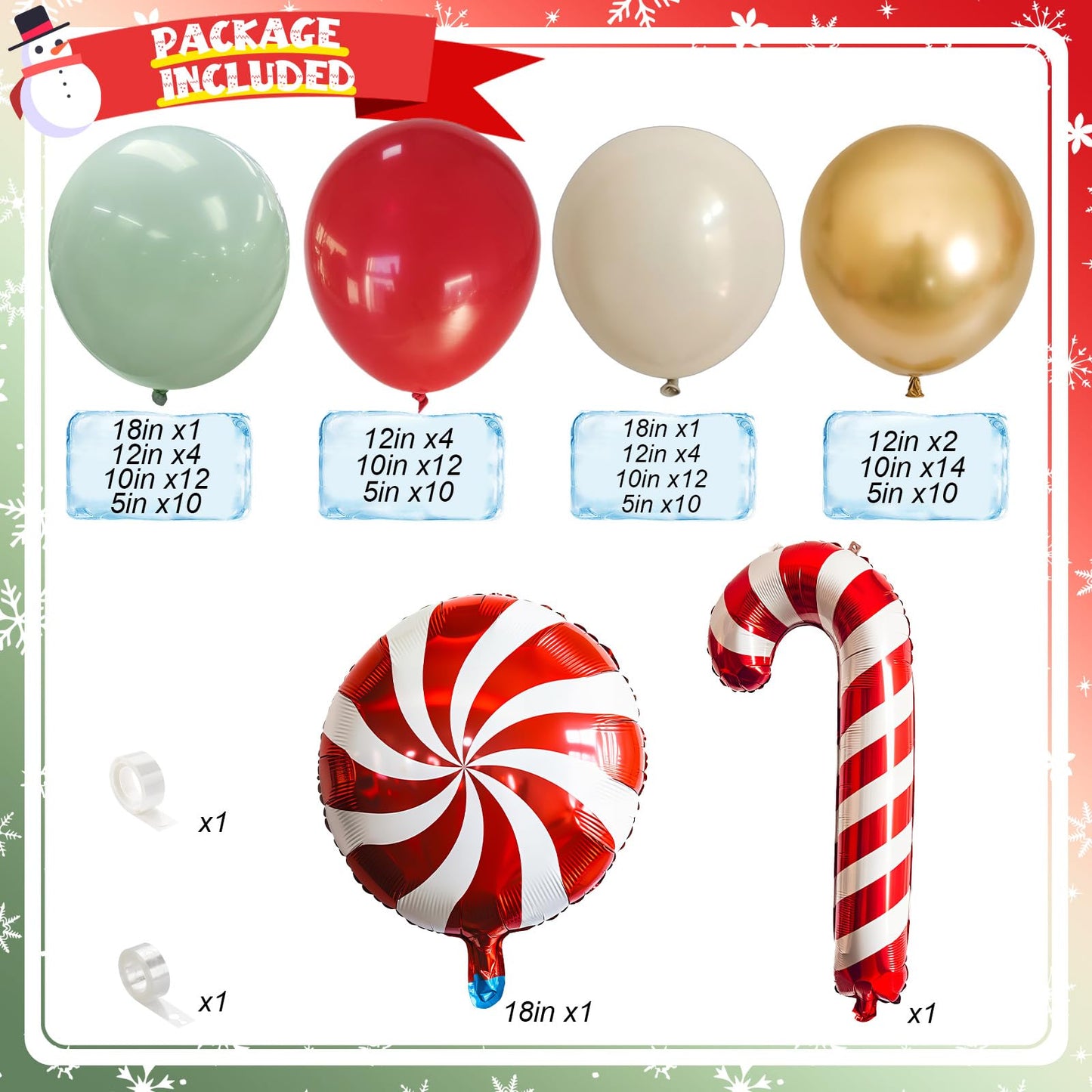 Christmas Balloons Arch Red Green White Gold Balloons Garland with Candy Cane Crutch Foil Balloon Xmas Birthday Party Decorations Lollipop Balloon Metallic Beige Latex Helium New Year Decor Supplies