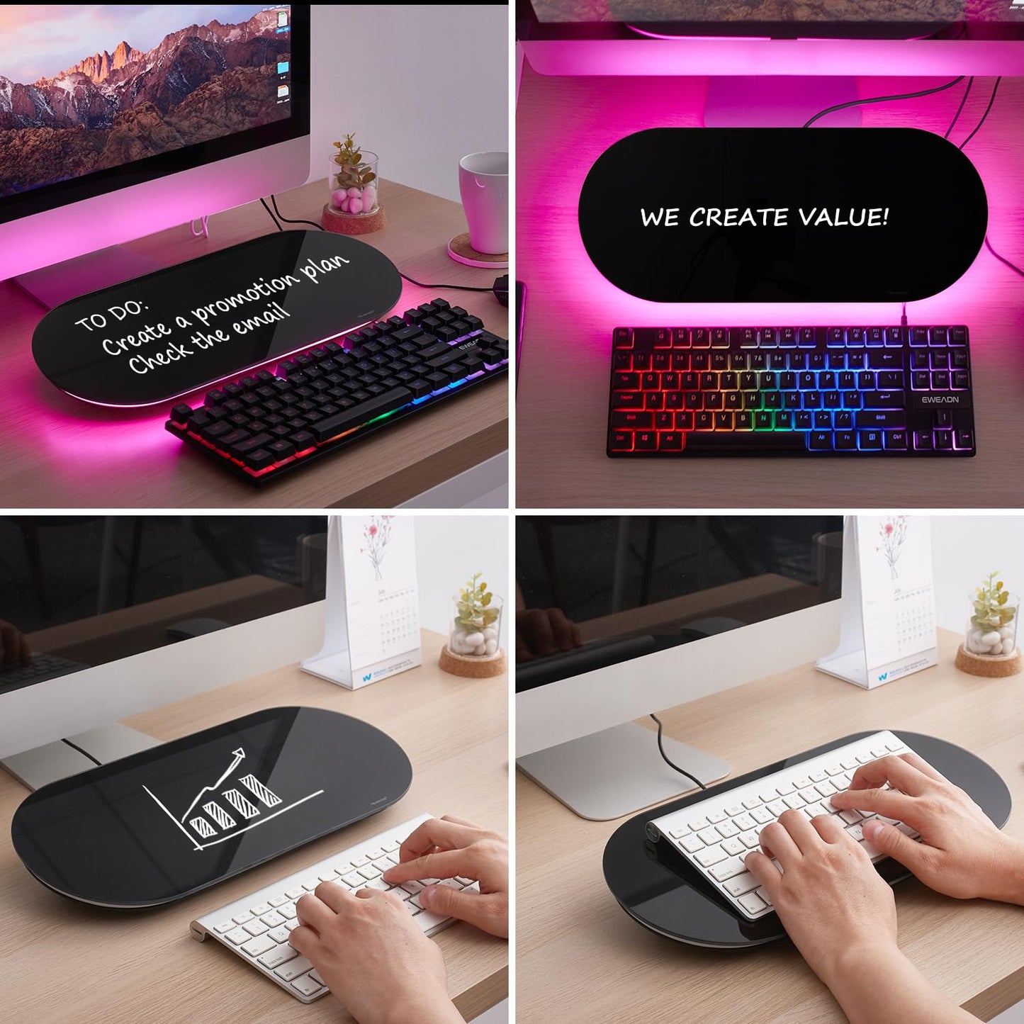 TSJ OFFICE Glass Desktop Whiteboard - 17 X 7 Inches Small Dry Erase Board with Pink Light, Black Glass White Board Surface Notepad with 1 Drawer, Desk Organizers for Office, Home, School Supplies