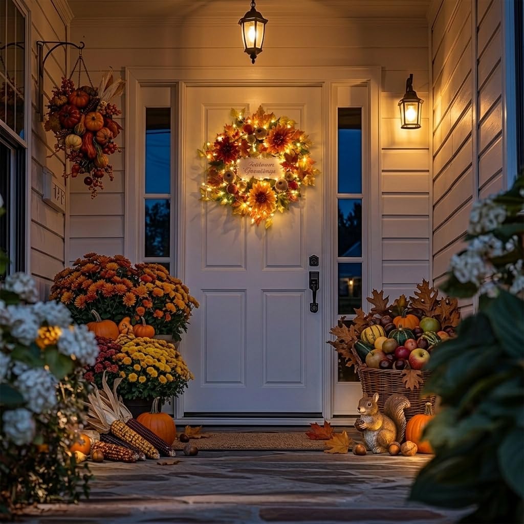 Valery Madelyn 24'' Collapsible Pre-Lit Fruits Fall Wreath for Front Door