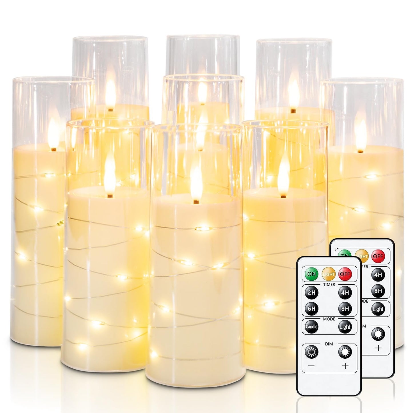 Raycare Flameless Candle with Remote Timer – 9 Flickering Acrylic Battery Operated LED Pillar Candles with Embedded Star String for Christmas, Wedding, Home Decor, and as a Gift (Ivory White)