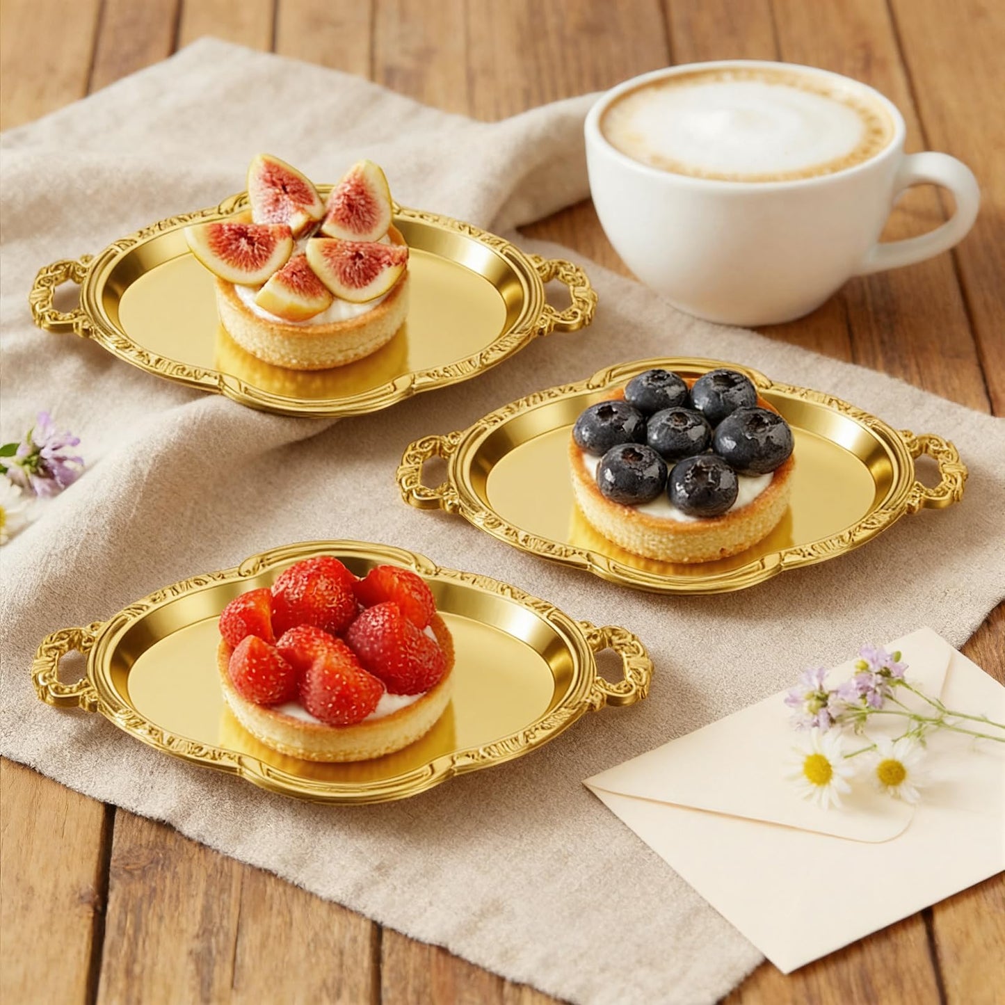 Ferrochef 50 Pcs Oval Mini Baroque Dessert Display Tray Mini Elegant Plastic Serving Tray Small Cake Candy Plates for Weddings Party Bridal Baby Shower, Birthday, Candy Jars Decorations (Gold)
