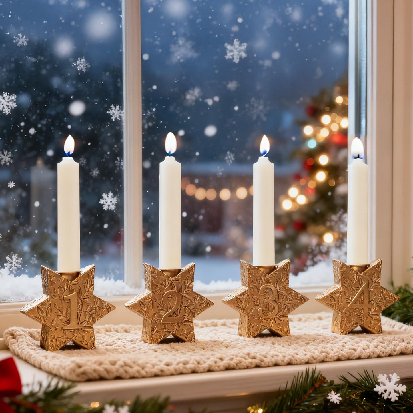 WDS WONDROUS Christmas Candle Holders Snowflake – Set of 4 Gold Star Candlestick Holder Hexagon, Taper Candle Holders for Christmas Table Centerpieces, Xmas Home Decor